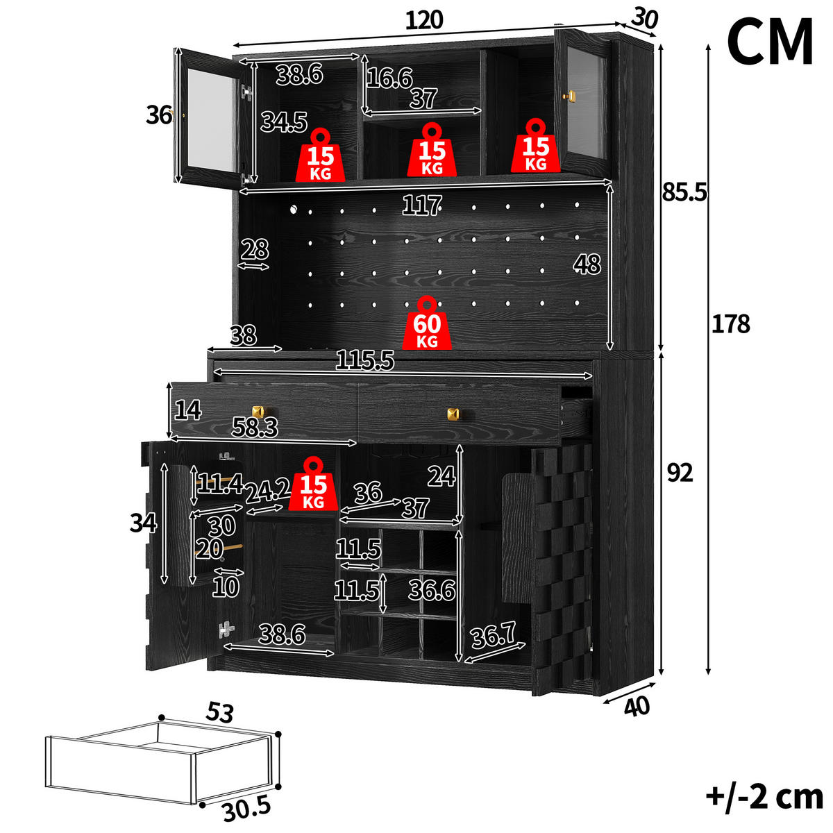 HIGHBOARD Schwarz 120×40×178 cm mit Acrylfront, RGB-LED, Lochwand und Weinflaschenhalter aus Holzwerkstoff und Acryl - Schwarz, Holzwerkstoff (120/178/40cm) - Luhomfu