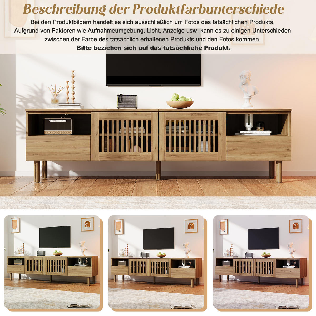 TV komoda 180/40/51 cm s rešetkastim vratima i ladicama u izgledu drva - prirodne boje/boje oraha, drvni materijal (180/51/40cm) - CHICFURN