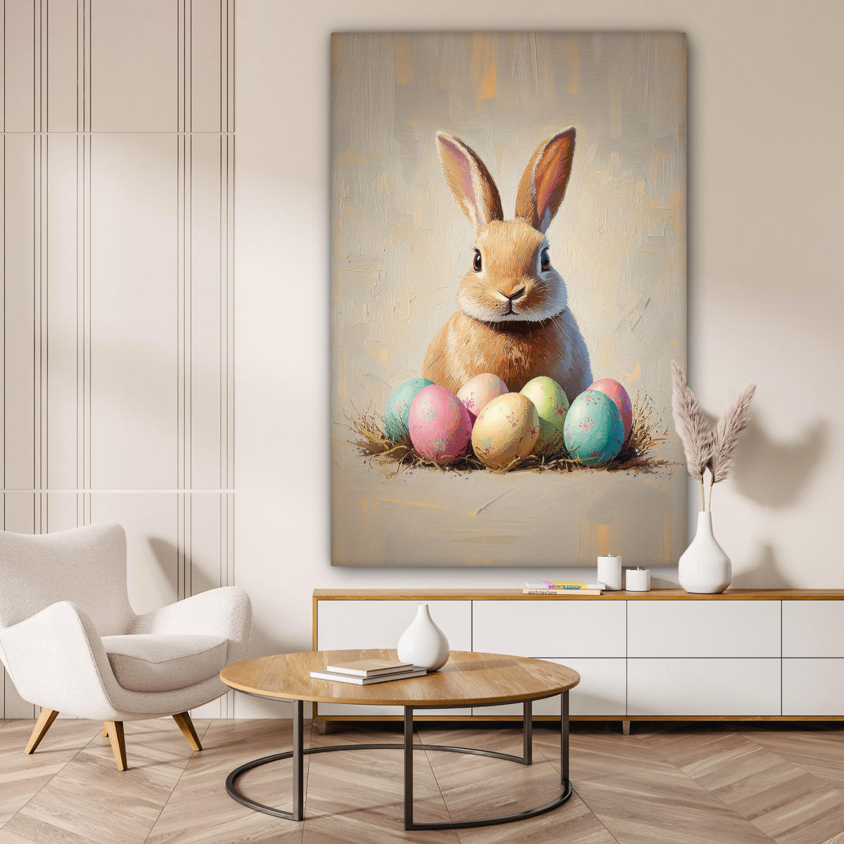 SLIKA NA PLATNU Velikonočni zajček 90x140 cm - bež, tekstil (90/140cm) - MuchoWow