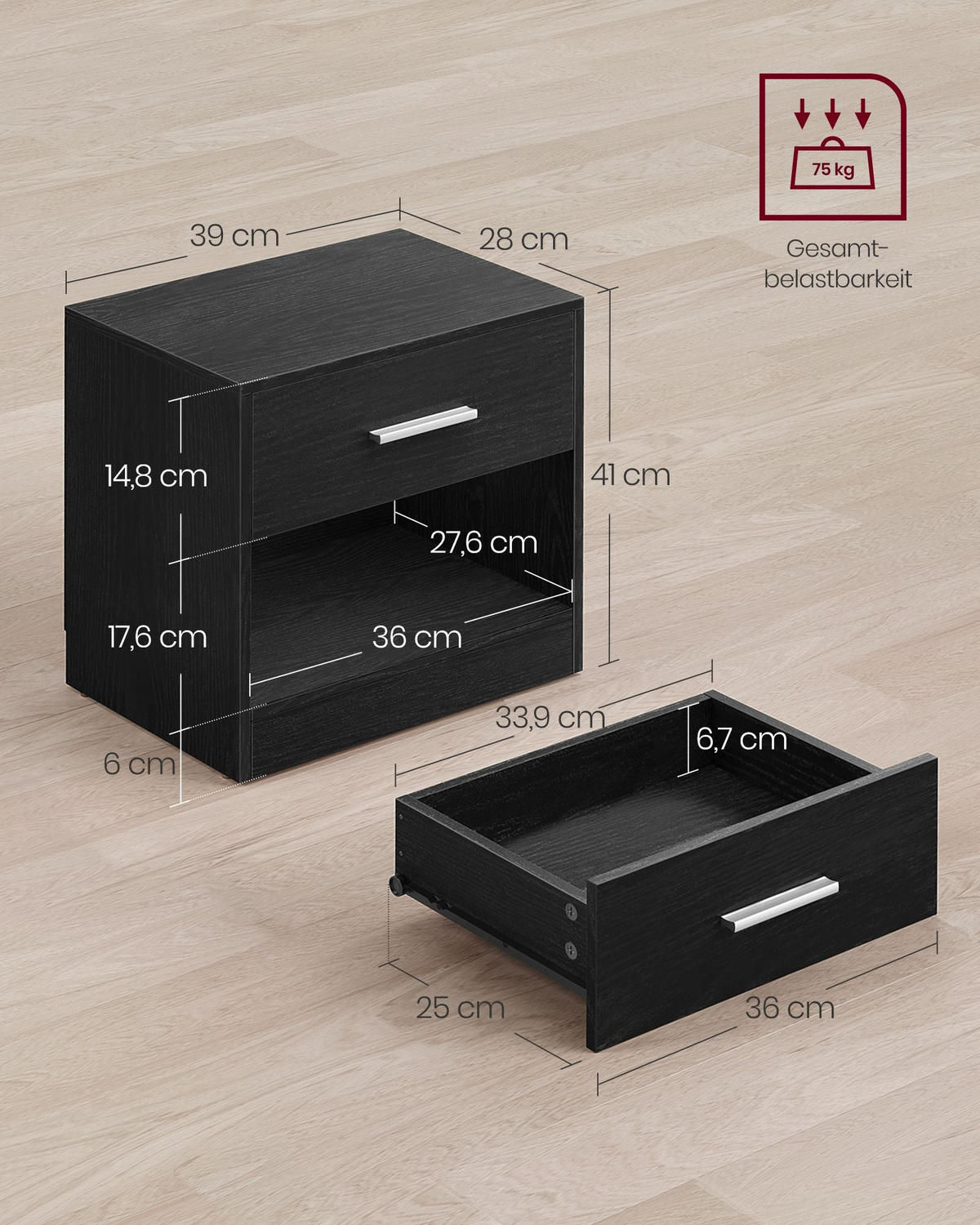 NACHTTISCH MANAGUA 2ER-SET - Schwarz, Holzwerkstoff (39/41/28cm) - Hansiro