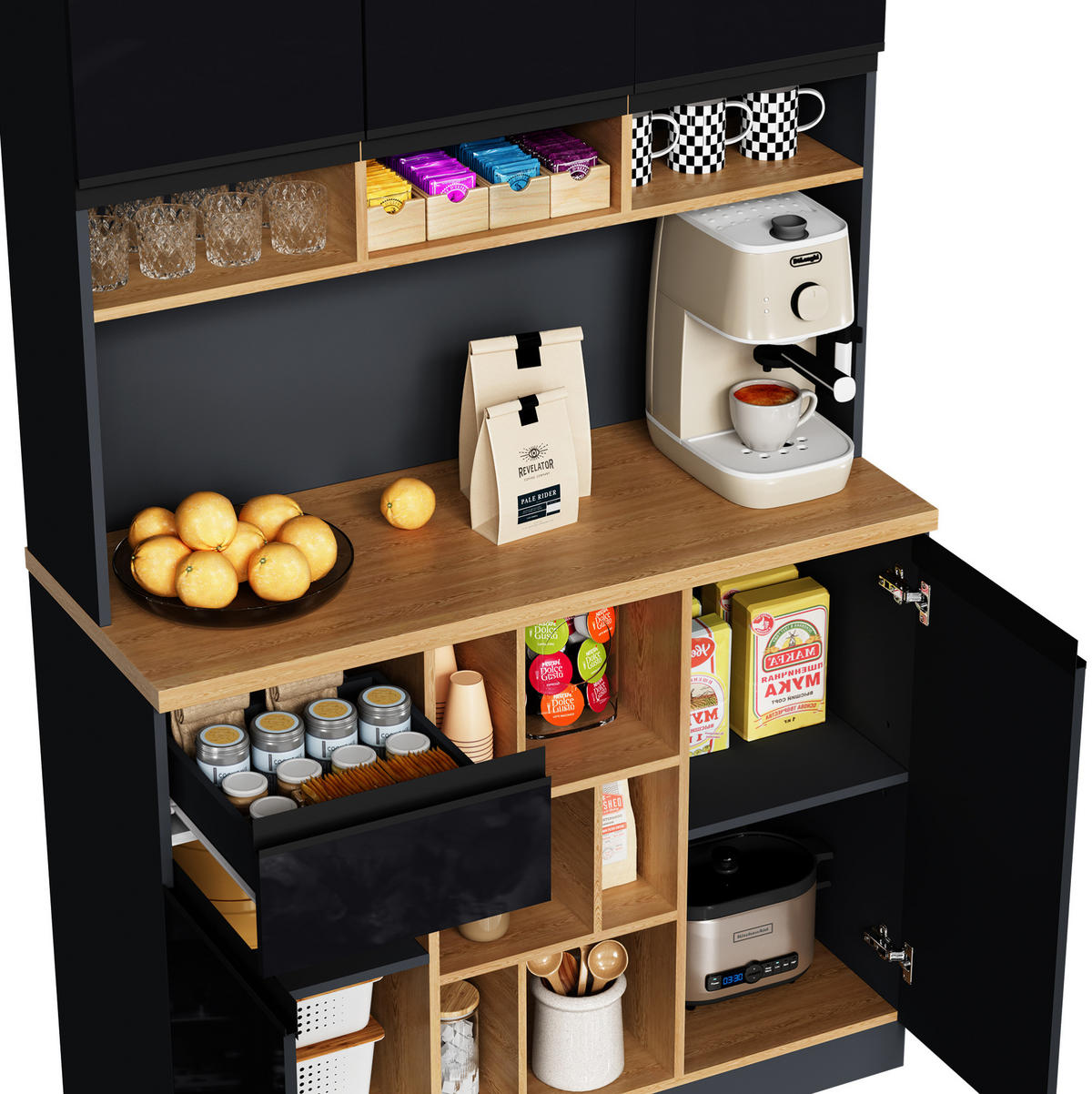 BUFFET 105/185/45 cm Anthrazit/Schwarz aus MDF mit verstellbaren Einlegeböden - Schwarz, Holzwerkstoff (45/185/105cm) - OKMYHOME