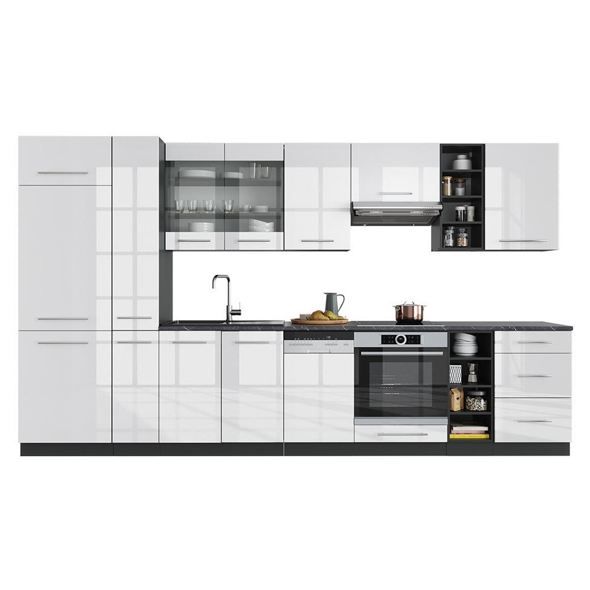 KUHINJSKI BLOK Fame-Line Bela barva visokega sijaja/antracit 355 cm , DP Antracit - bela/visoki sijaj, leseni material (355/206.8/60cm) - Vicco
