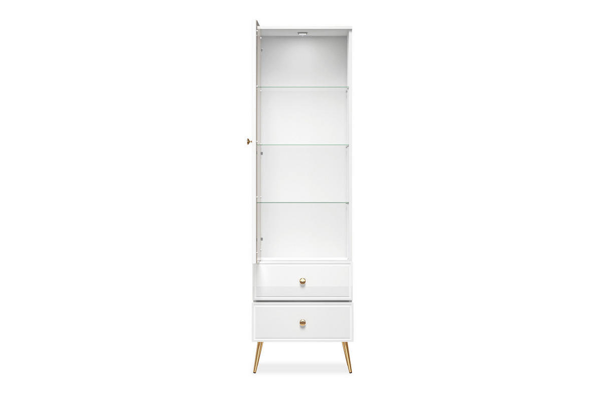 VITRINENSCHRANK ISORIA mit Beleuchtung, Glas Weiß - Goldfarben/Weiß, Holz/Metall (55/190/40cm) - KONSIMO®