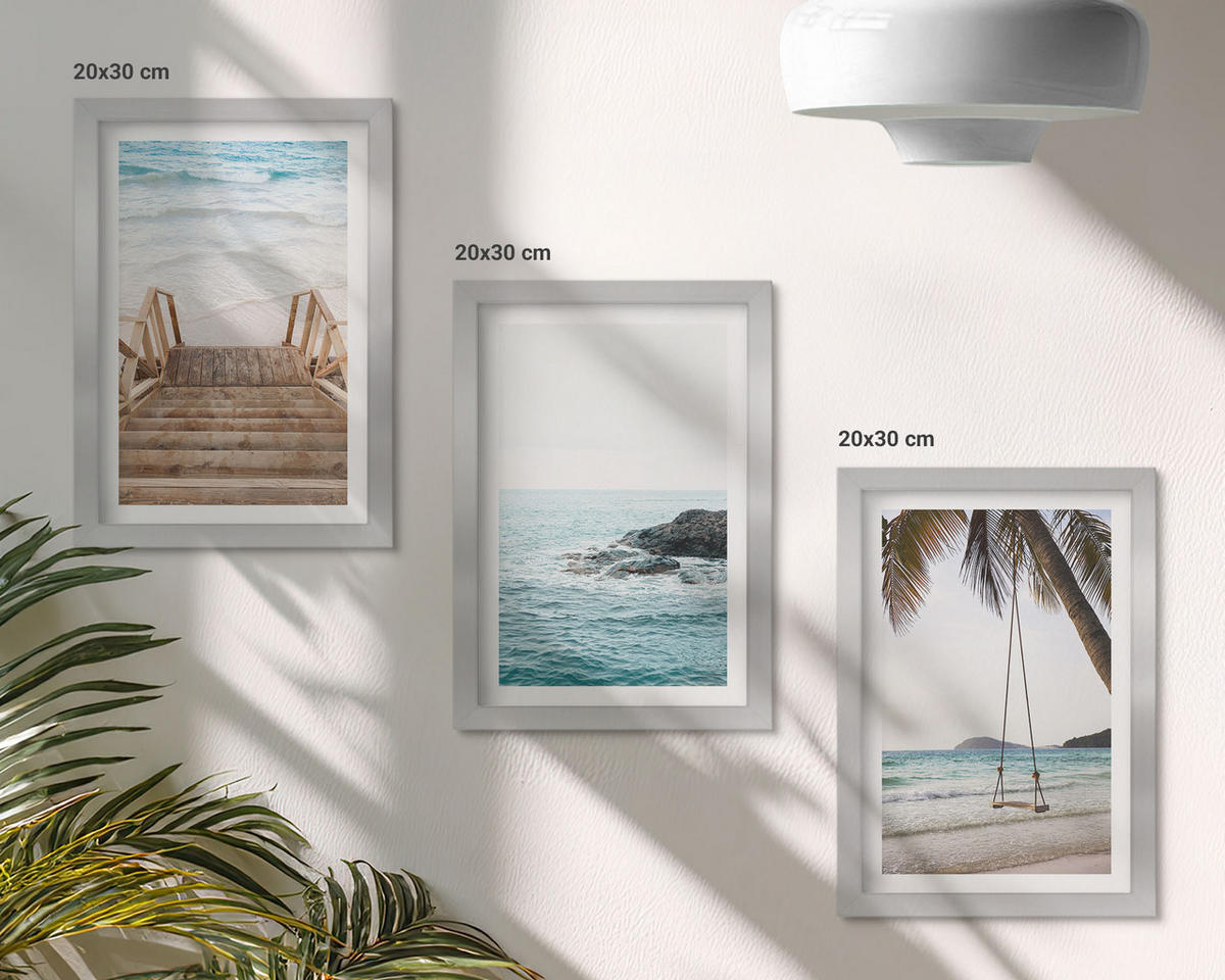 WANDBILDER 3er Set - 20x30 cm Silberner Rahmen - Treppe Strand Meer Schaukel - Silberfarben, Kunststoff (20/30cm) - ArtPrintCave