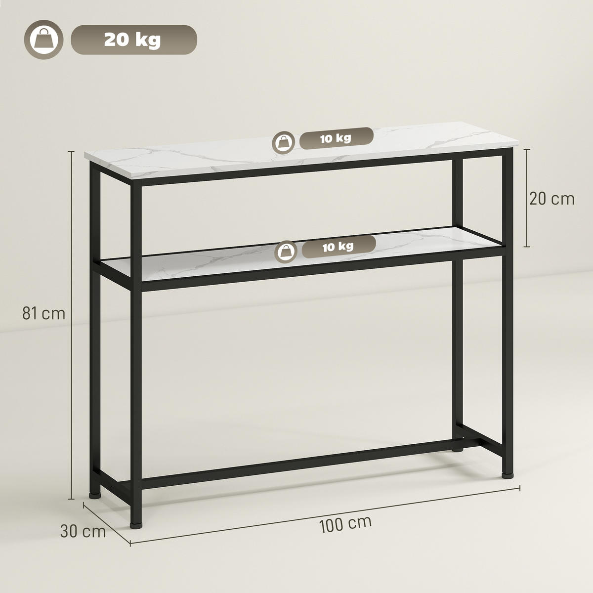 KONSOLENTISCH Weiß Melamin in Holzoptik Metall 1 Stück - Weiß, Metall (100/30/81cm) - GiPP