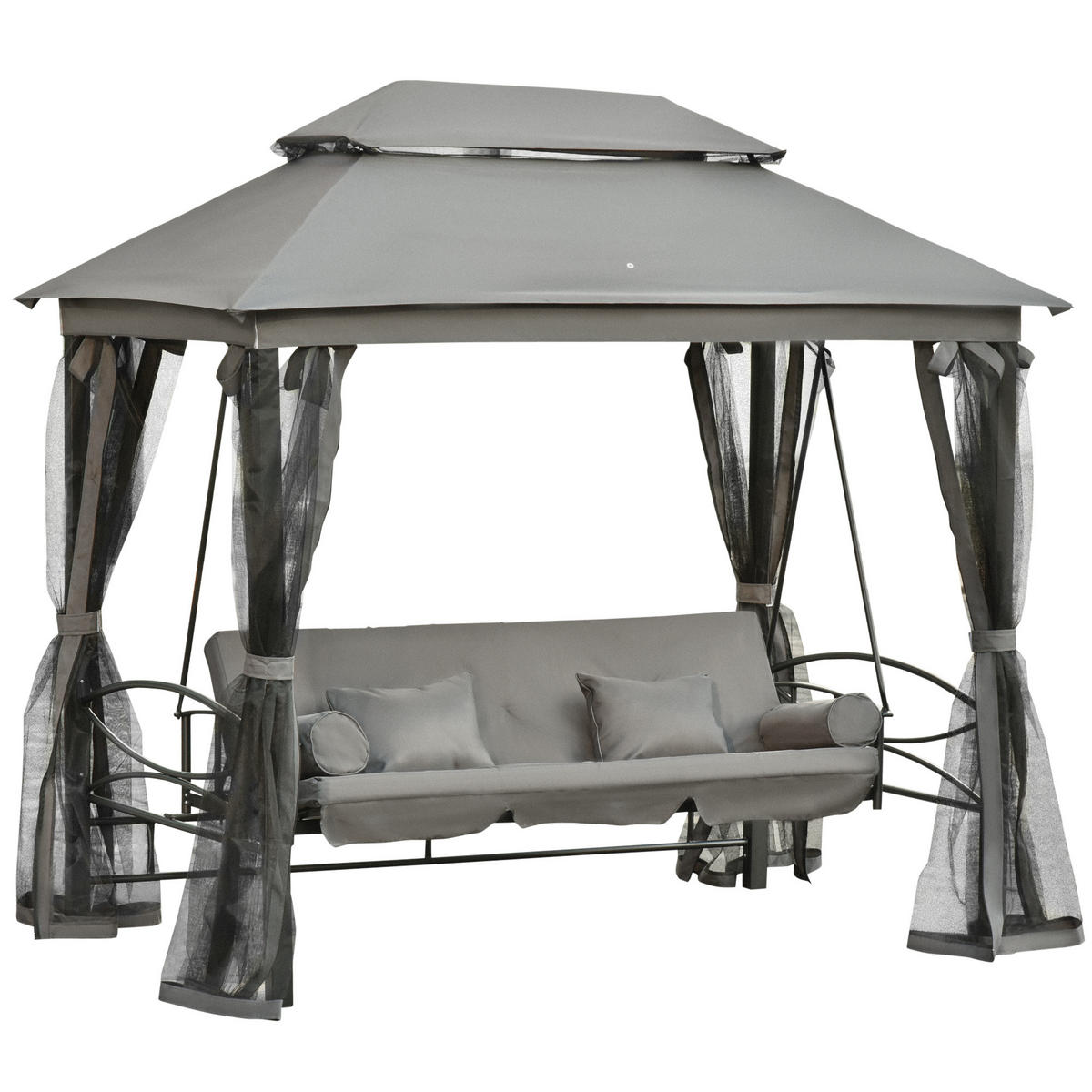 HOLLYWOODSCHAUKEL DE-06976 3-Sitzer, mit Seitenwänden & Moskitonetz, Liegefunktion Grau - Dunkelgrau, Metall (256/248/172cm) - ComfortXL