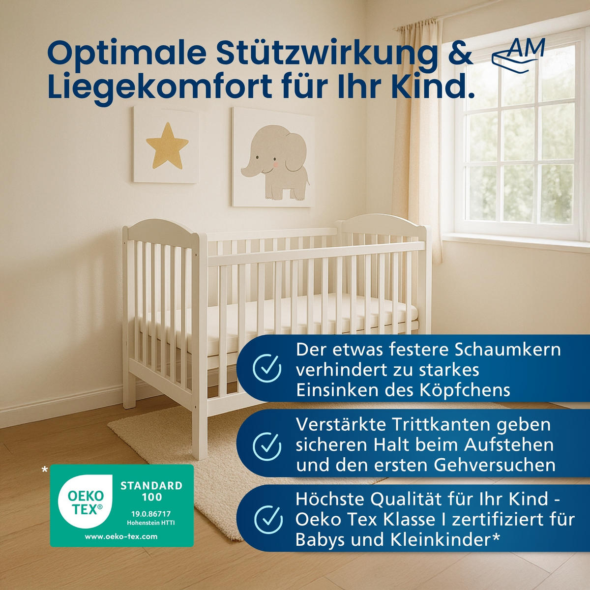 BABYMATRATZE 60/120 cm - 9cm Höhe & Viskose Bezug - Weiß, Textil (60/120cm) - AM Qualitätsmatratzen