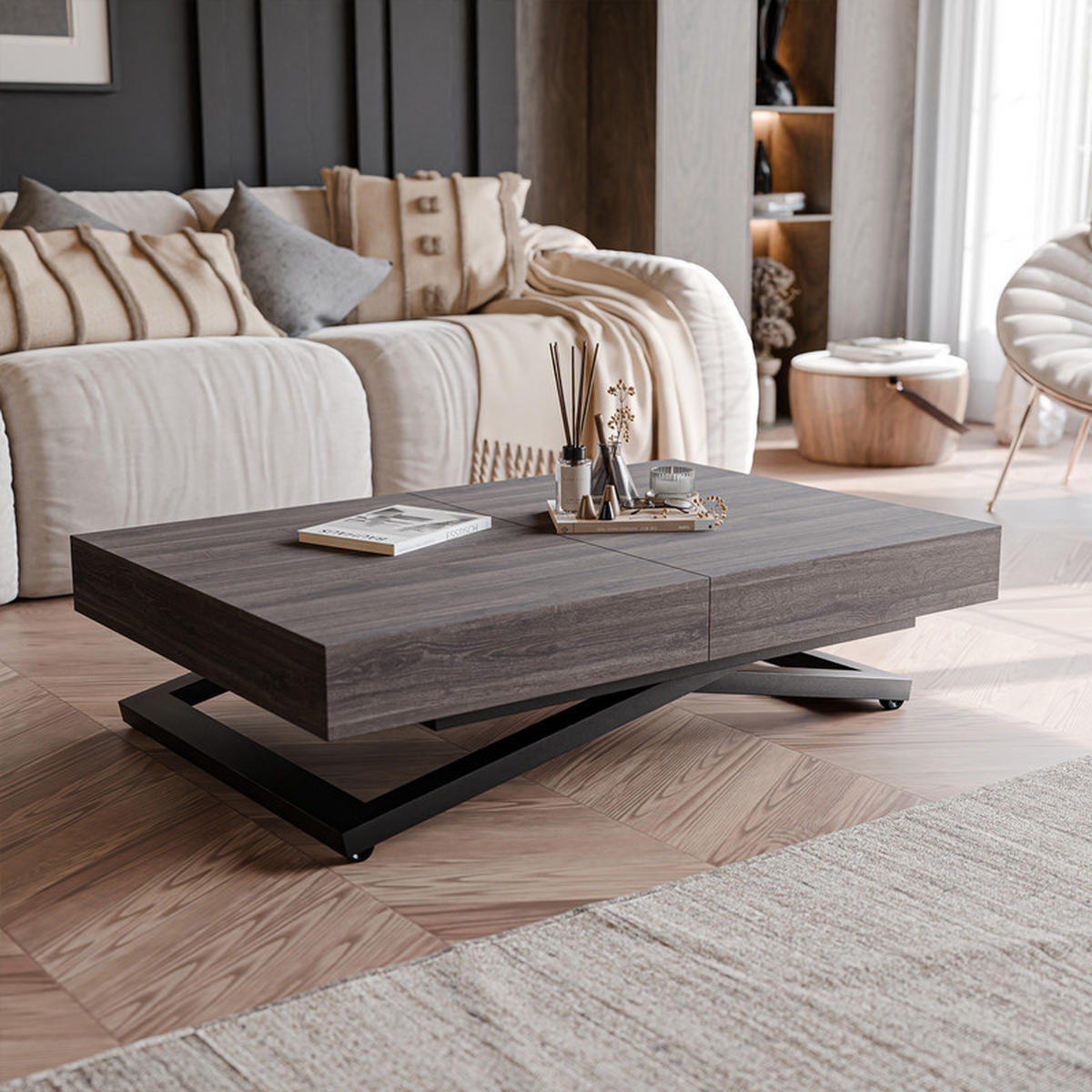 COUCHTISCH SANELLE ausziehbar mit Liftfunktion, 120/80/76 cm Schwarz / Sherman-Eiche - Eichefarben/Schwarz, Holzwerkstoff/Metall (120/80/27cm) - Idohome
