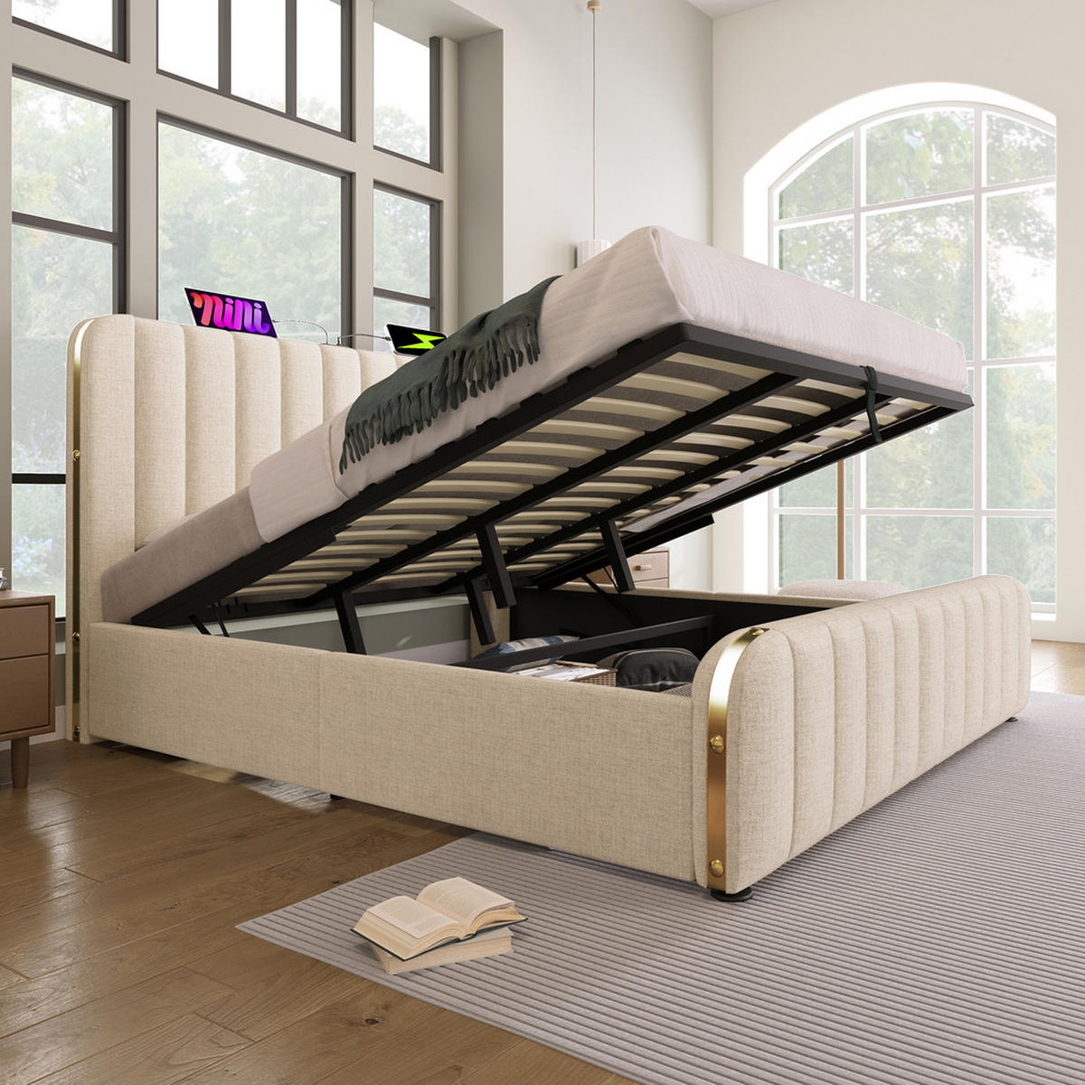 POLSTERBETT 180x200cm Doppelbett USB-C Hydraulik Goldstreifen Beige - Beige, Holz - FLIEKS