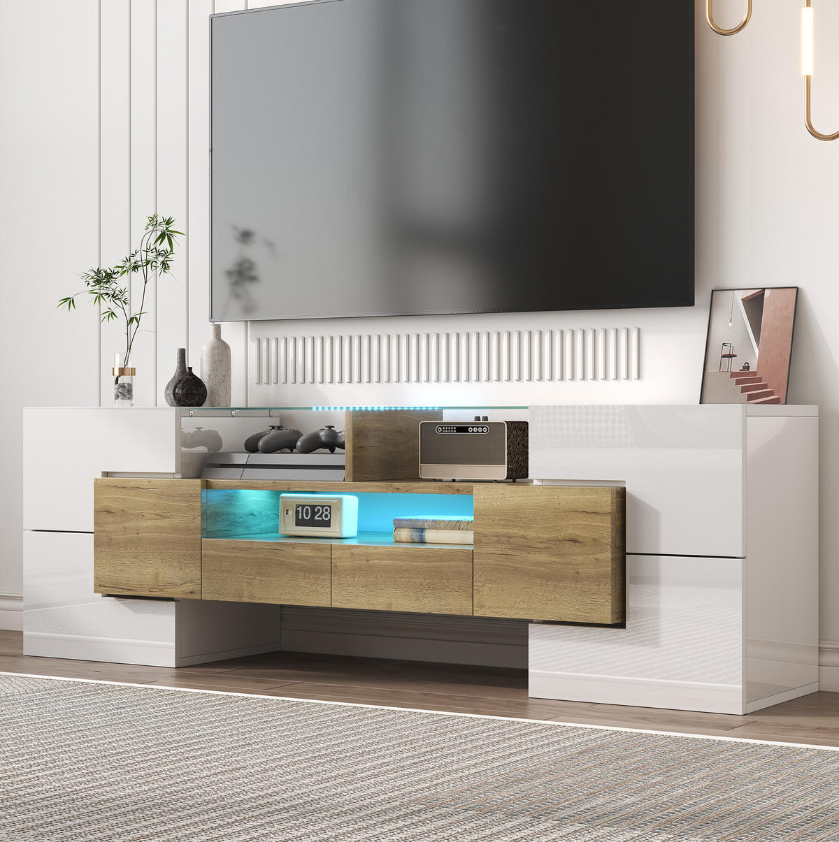 TV-ELEMENT mit LED-Beleuchtung 145 cm Weiß Holzoptik - Weiß, Holzwerkstoff (30/51/145cm) - Beauniv