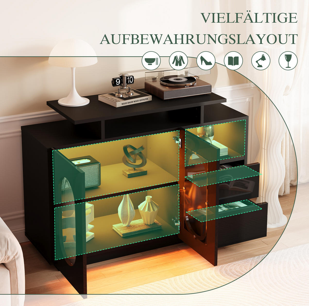 SIDEBOARD aus Holzwerkstoff 120x40x80 cm Schwarz mit LED-Beleuchtung, Glasvitrine und verstellbaren Einlegeböden - Schwarz, Holzwerkstoff (120/80/40cm) - Modfu