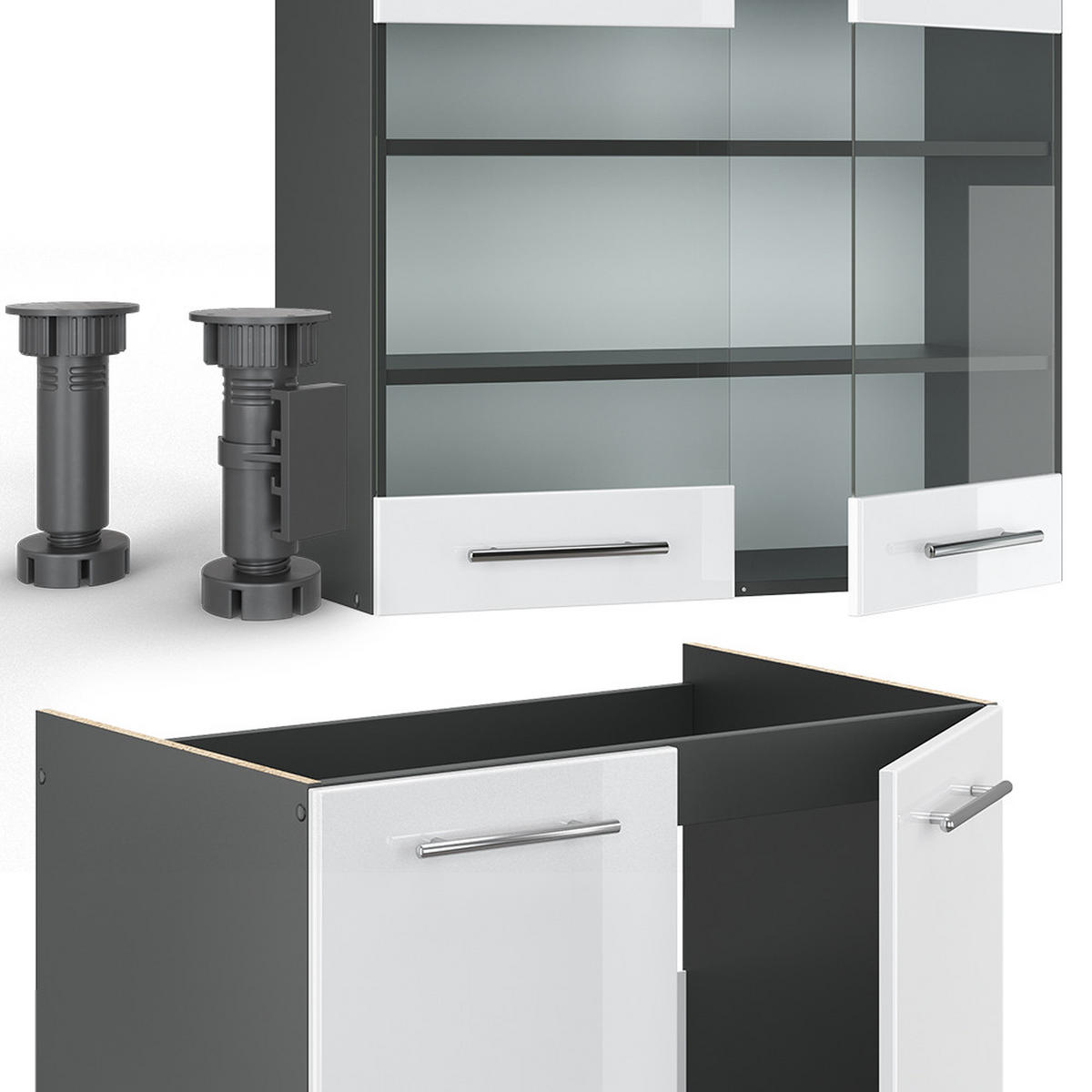 KÜCHENZEILE Fame-Line Weiß Hochglanz/Anthrazit 200 cm, AP Marmor - Weiß Hochglanz/Anthrazit, Holzwerkstoff (200/81.6/60cm) - Vicco