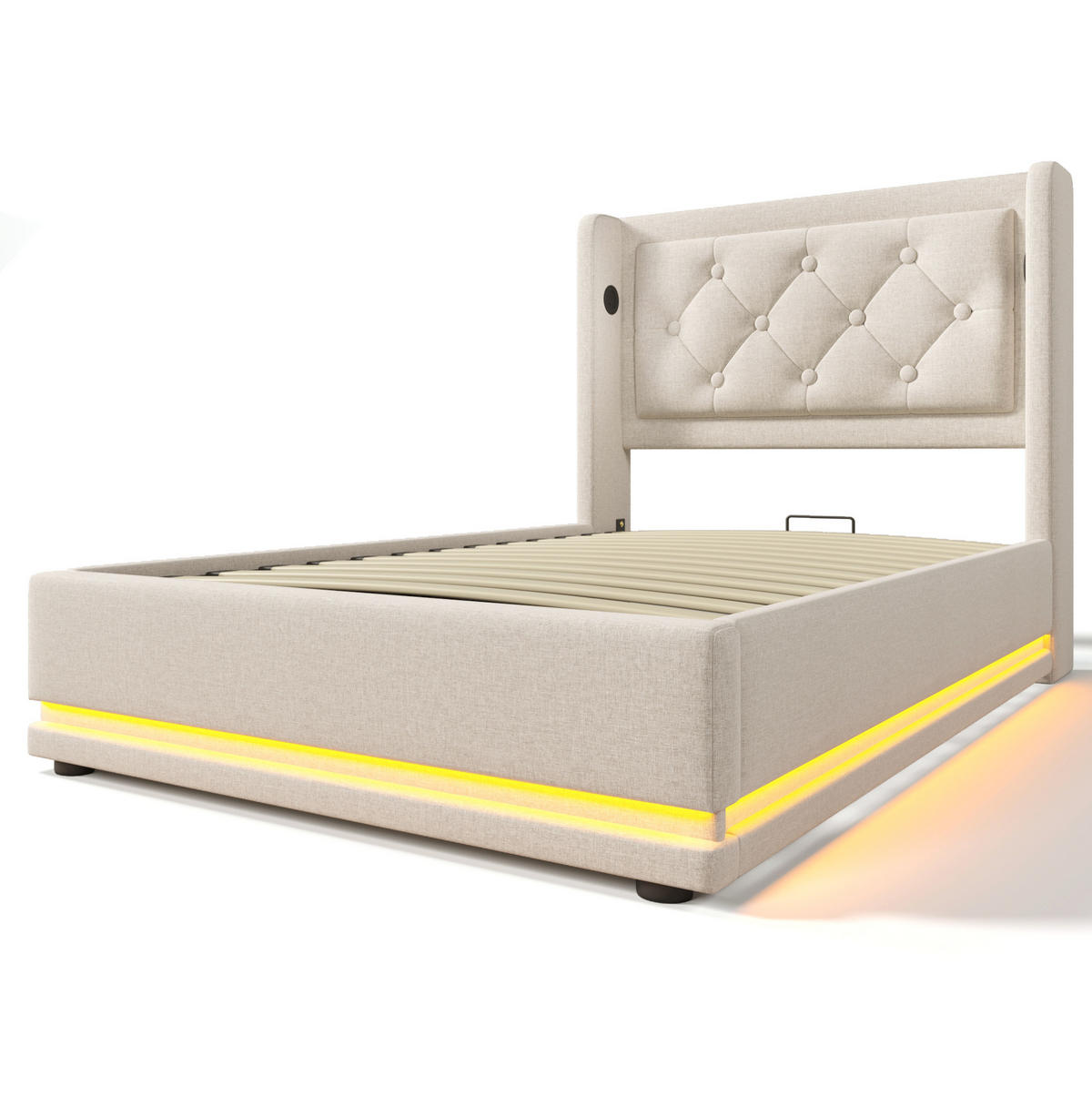POLSTERBETT 90/200 cm mit USB, Typ-C, Matratze, 3-seitiger LED und hydraulischem Stauraum, Beige - Beige, Textil (90/200cm) - Redom