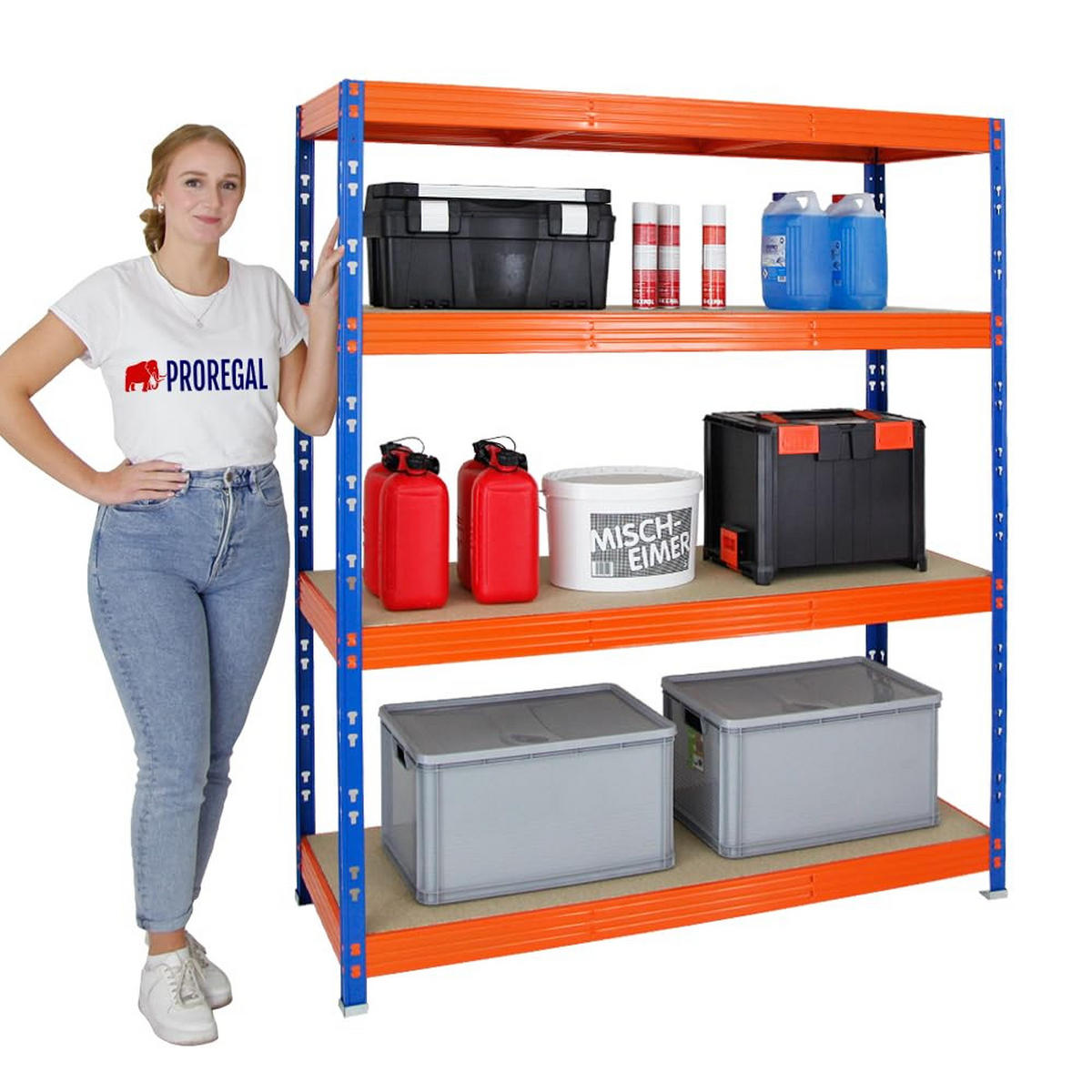SCHWERLASTREGAL Rhino 180x160x60 cm 4 Spanplatten-Ebenen 8mm Fachlast 500 kg Blau/Orange - Blau/Orange, Metall (160/180/60cm) - PROREGAL