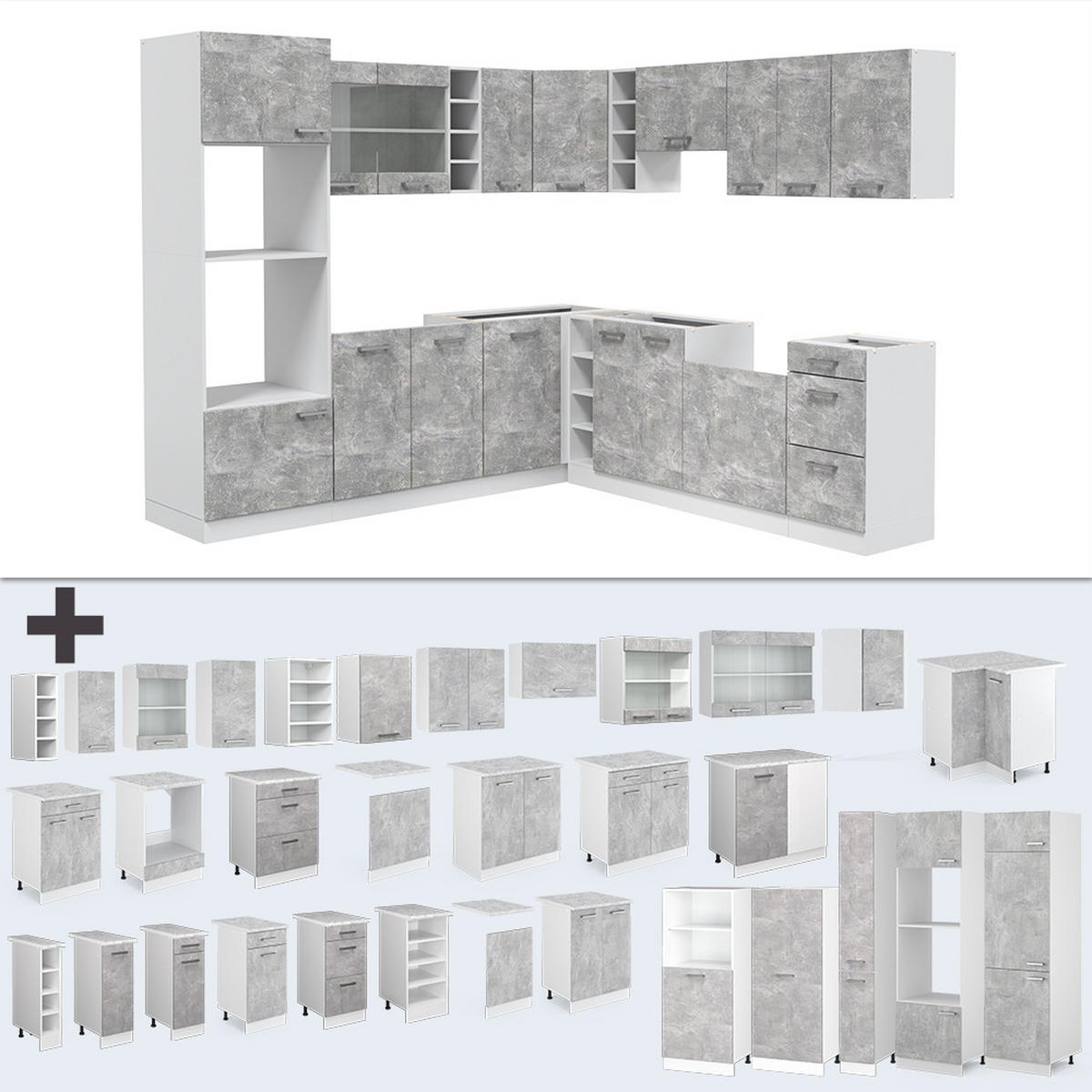 ECKKÜCHE R-Line Beton/Weiß 237 x 247 cm, AP Anthrazit - Schieferfarben/Weiß, Holzwerkstoff (247/81.6/60cm) - Vicco