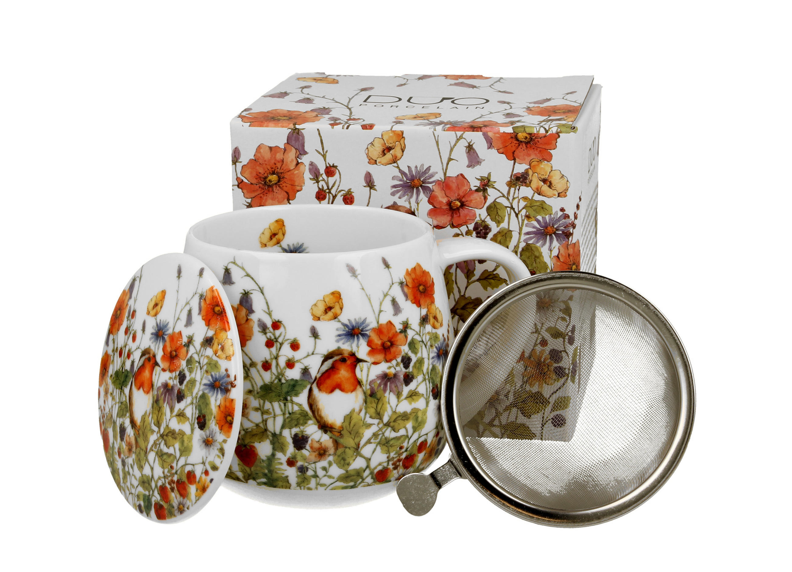 TEETASSE mit Sieb in Fassform WILD BIRD - Weiß, Keramik (0.43L) - DUO PORCELAIN