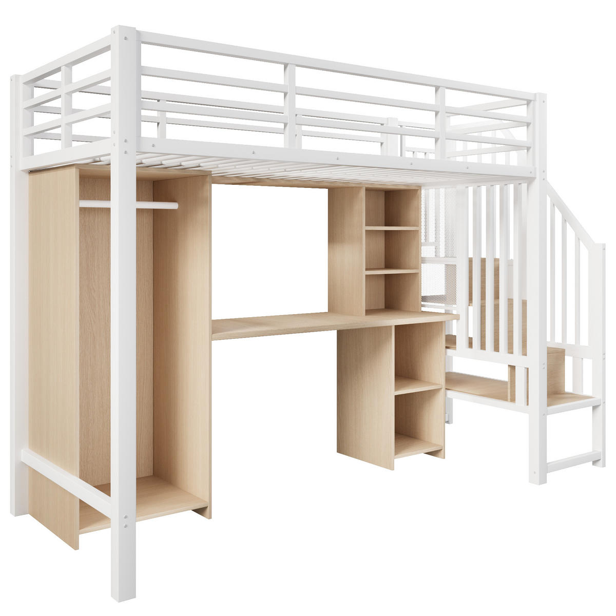 HOCHBETT 90/200 cm in Weiß mit Kleiderschrank, Schreibtisch und Stauraum - Weiß, Holzwerkstoff/Metall (90/200cm) - STILVORA