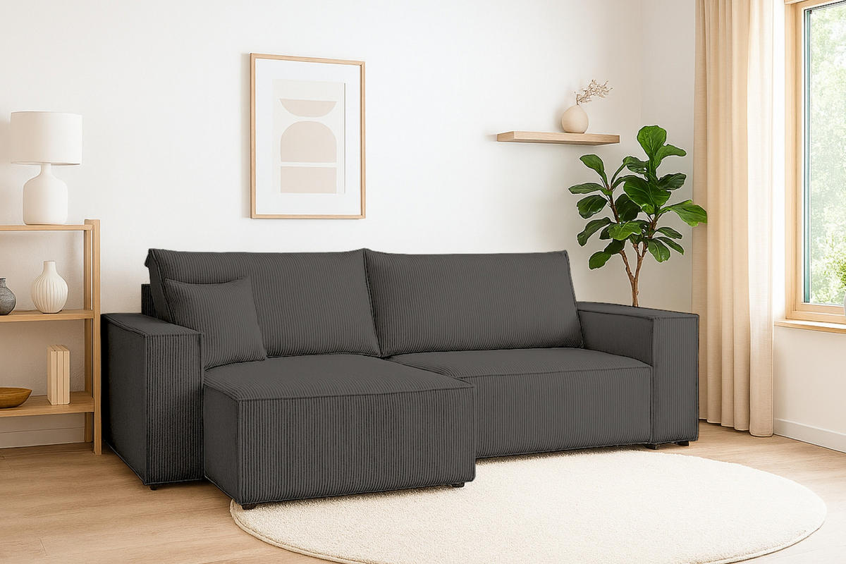 ECKSOFA MATT 255/153 cm links in Cord Anthrazit - Anthrazit/Schwarz, Holz/Holzwerkstoff (255/153cm) - Deine Möbel 24