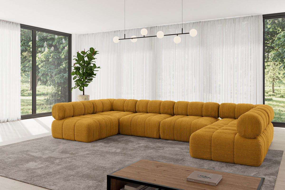 WOHNLANDSCHAFT modulares Sofa Garvo-U2 - 380x190x70 cm Senfgelb Cord - Currygelb, Holzwerkstoff/Textil (380/70/190cm) - ALTDECOR