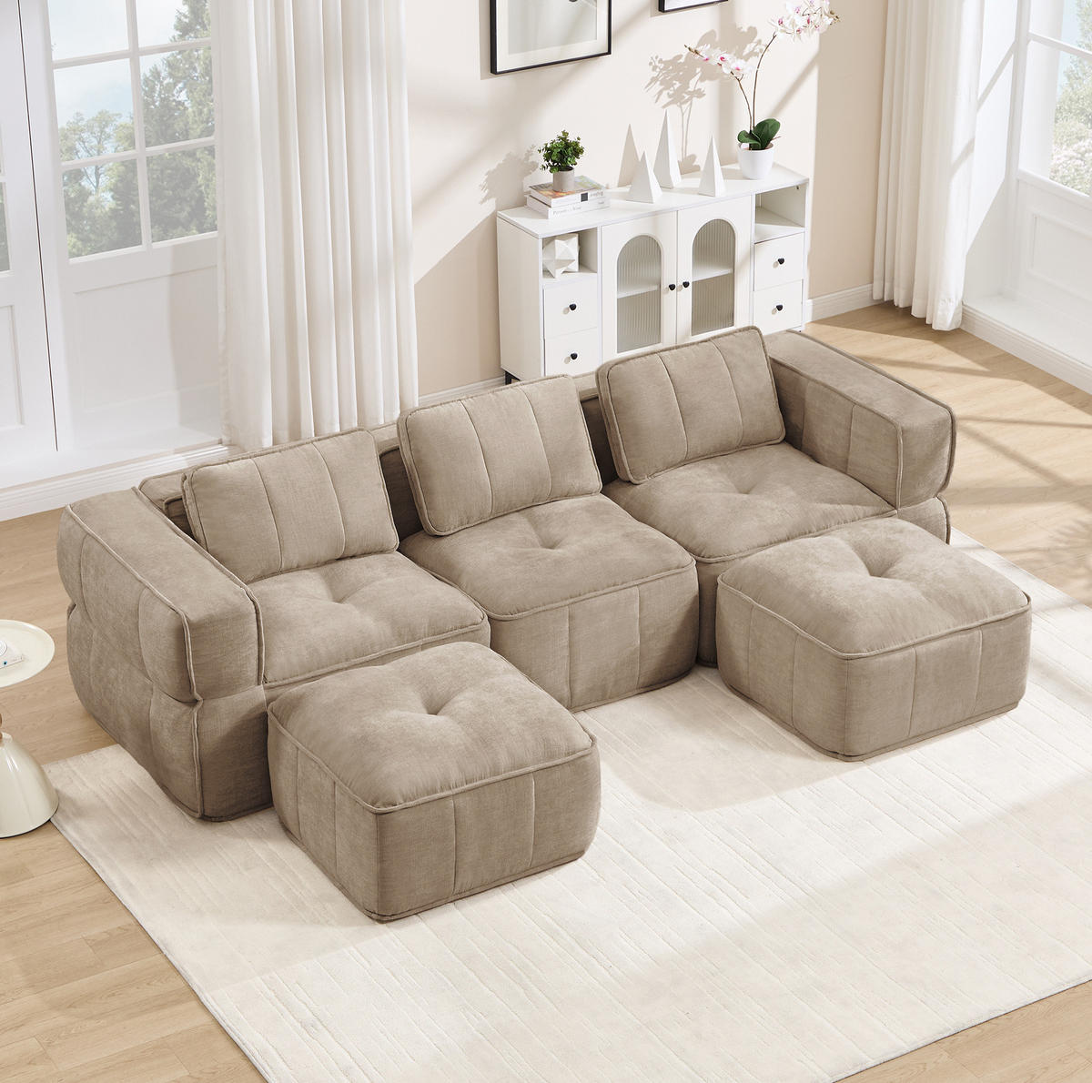 WOHNLANDSCHAFT 271/162/67 cm in Sand aus Polyester mit Hocker und ohne Montage - Sandfarben, Kunststoff (162/67/271cm) - Flora Grace