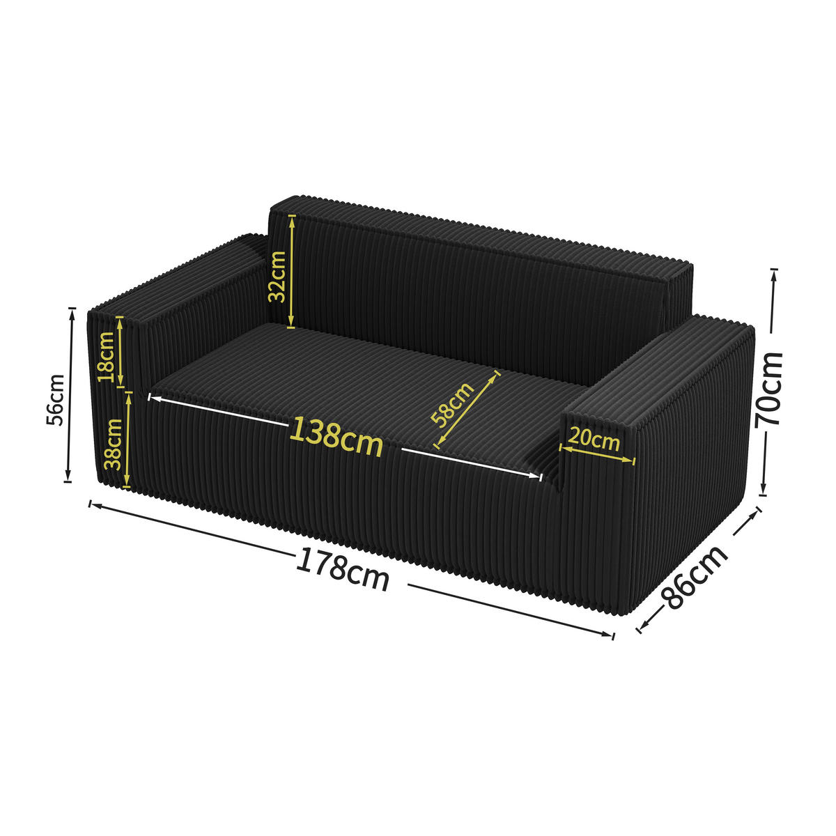2-SITZER SOFA Cord Schwarz - Schwarz, Textil (178/70/86cm) - WISHDOR