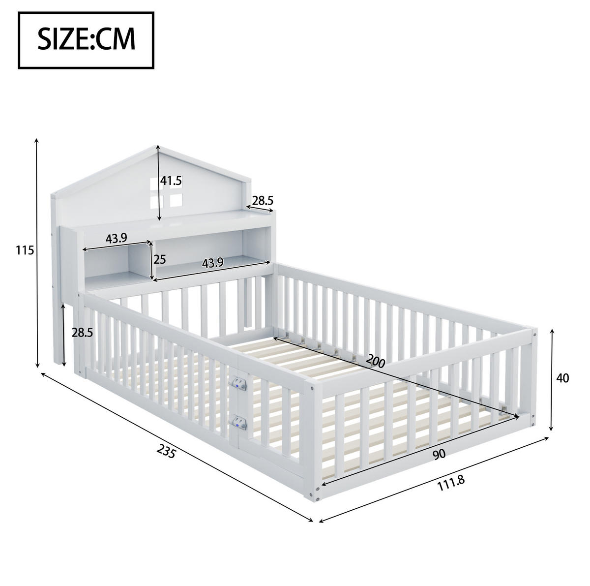 POSTELJA v obliki hiše 90/200 cm bela z zaščitno ograjo in shranjevanjem iz masivnega lesa - bela, leseni material (90/200cm) - OKWISH
