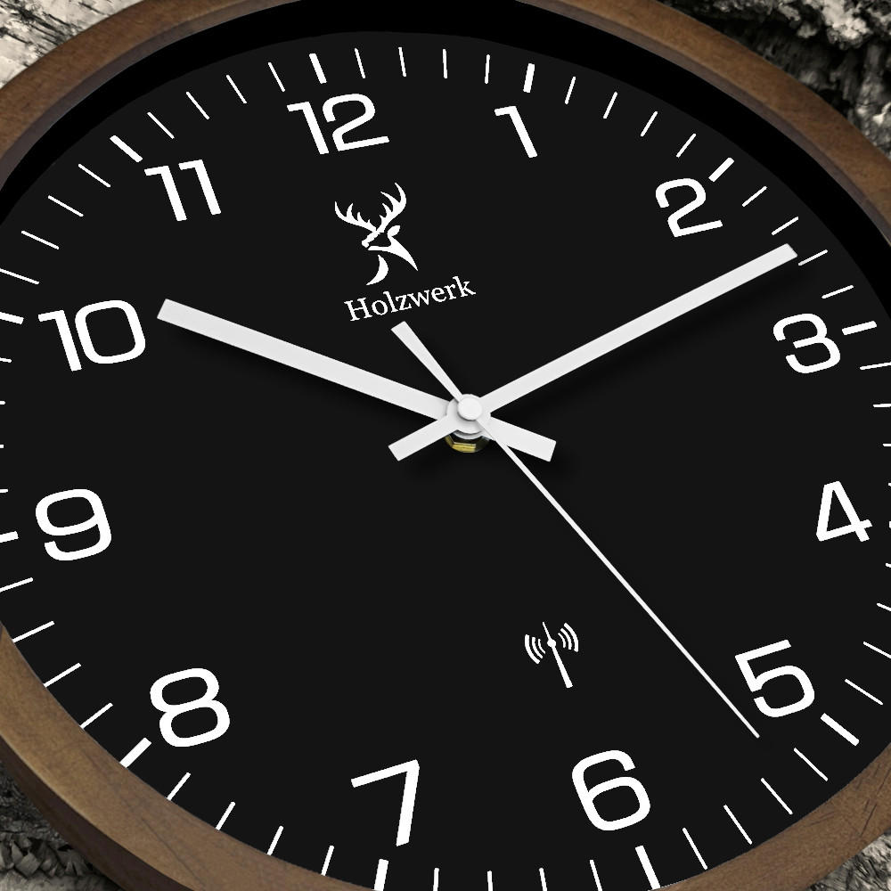 Thumbnail - Holzwerk Wanduhr, Dunkelbraun, Schwarz, Weiß, Holz, Glas, Metall, Holz Optik, Rund, 30x30x4.2 cm, CE, Funkuhr, Dekoratio...