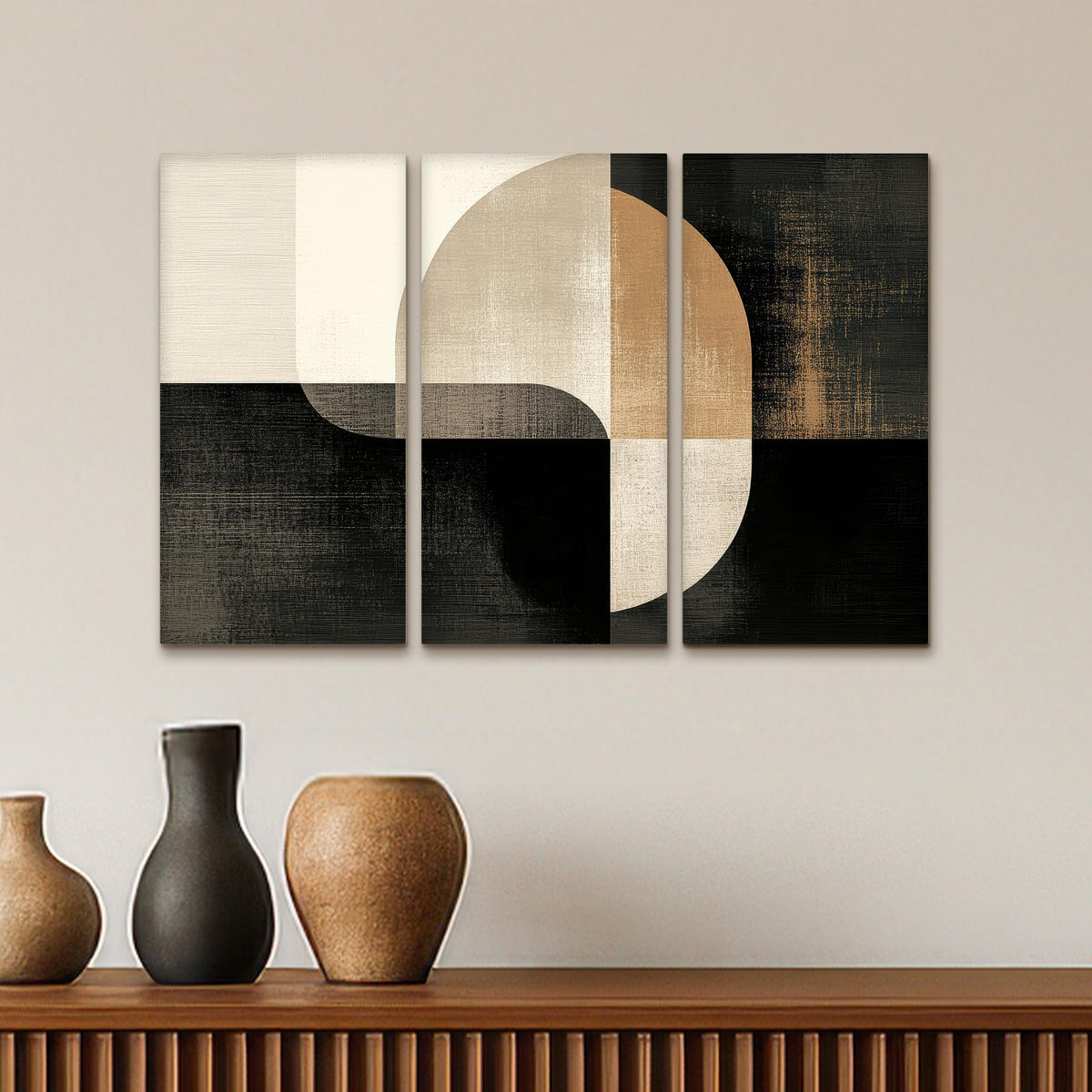 LEINWANDBILD 3er Set Formen - Abstrakt - Gold 60x40 cm - Schwarz, Textil (60/40cm) - MuchoWow