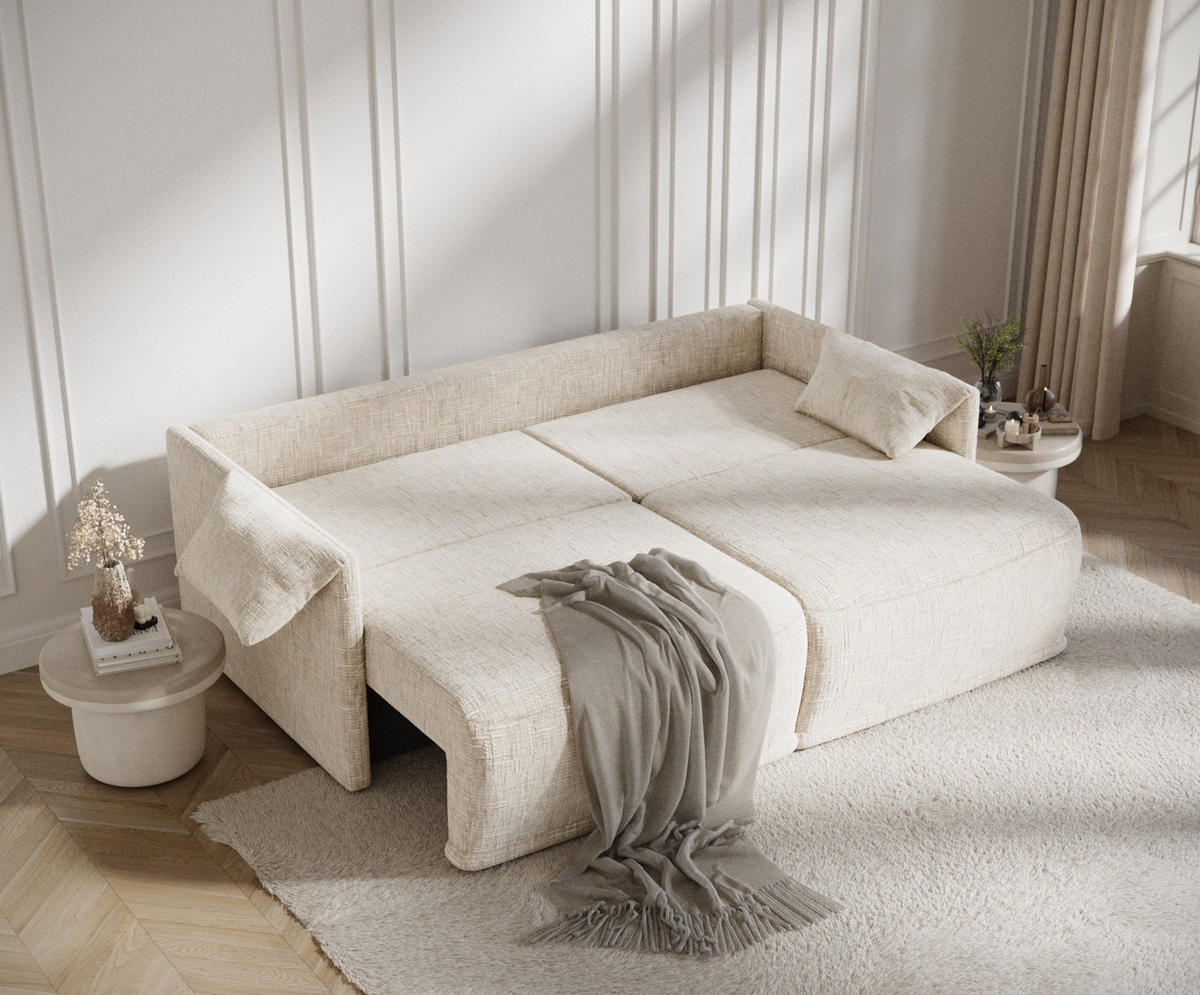 SCHLAFSOFA MIT ECKSOFA-FUNKTION Nappa Creme Webstoff - Creme/Schwarz, Holz/Holzwerkstoff (215/100/112cm) - Maison de Reve