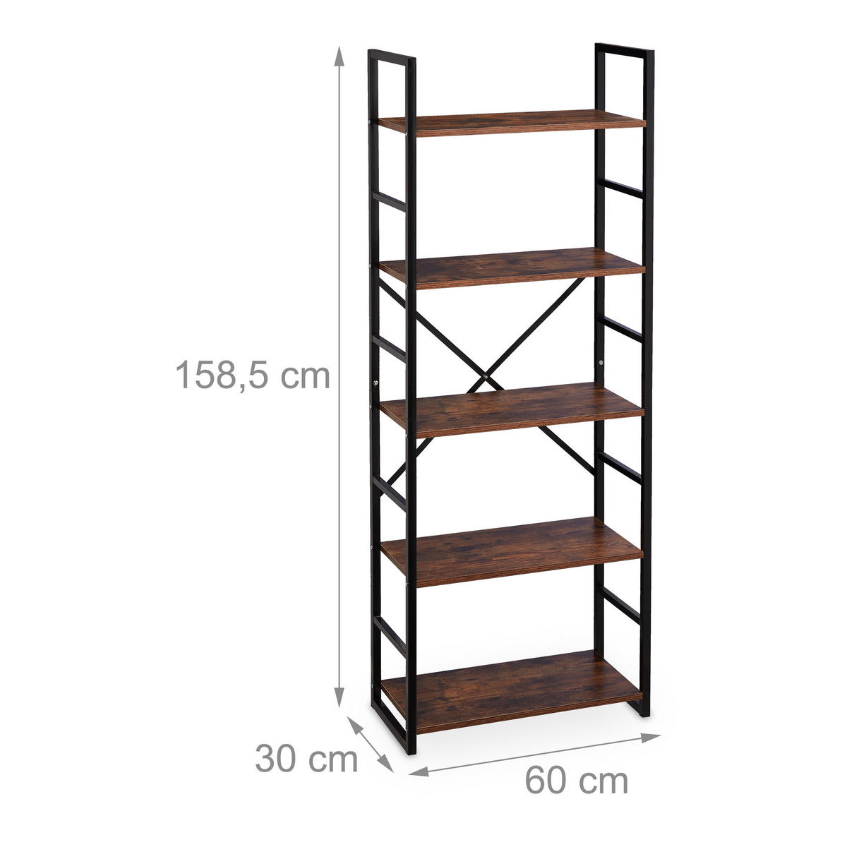 BÜCHERREGAL - Braun, Holzwerkstoff/Metall (60/158.5/30cm) - Relaxdays