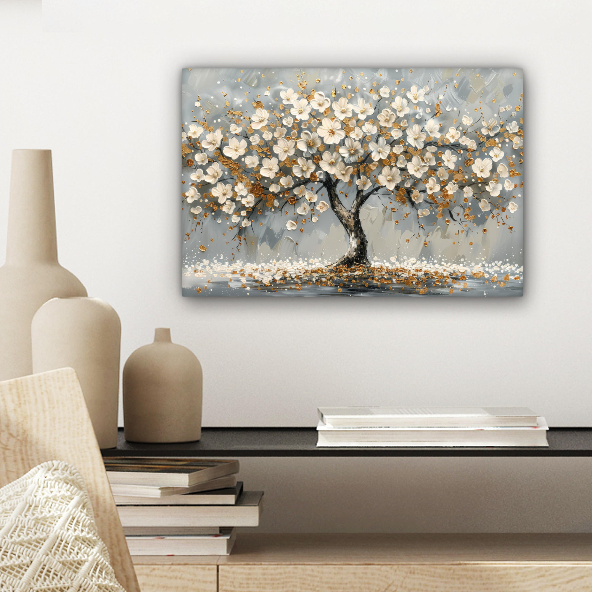 LEINWANDBILD Baum - Blumen - Weiß - Natur - Kunst 30x20 cm - Weiß, Textil (30/20cm) - MuchoWow
