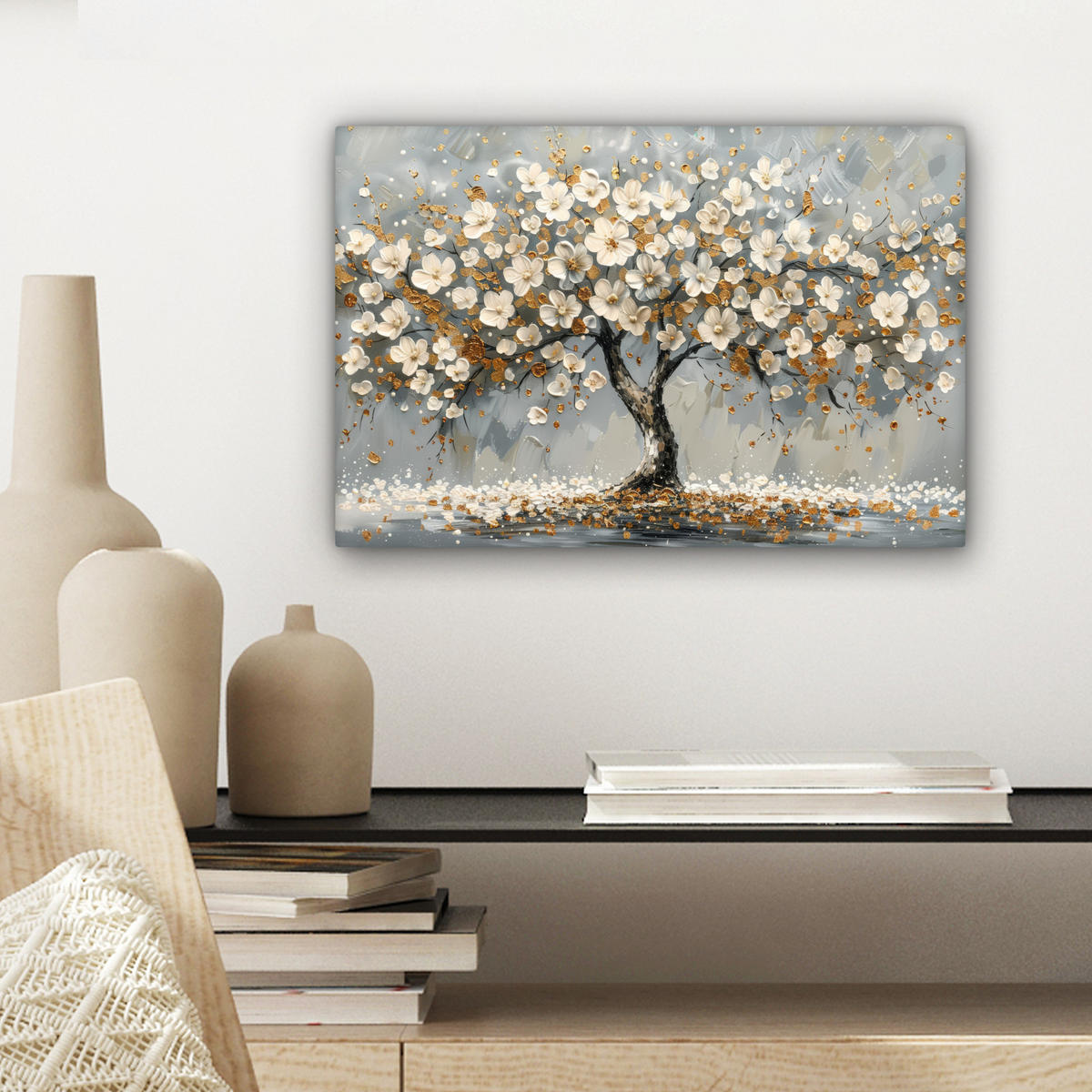 LEINWANDBILD Baum - Blumen - Weiß - Natur - Kunst 30x20 cm - Weiß, Textil (30/20cm) - MuchoWow
