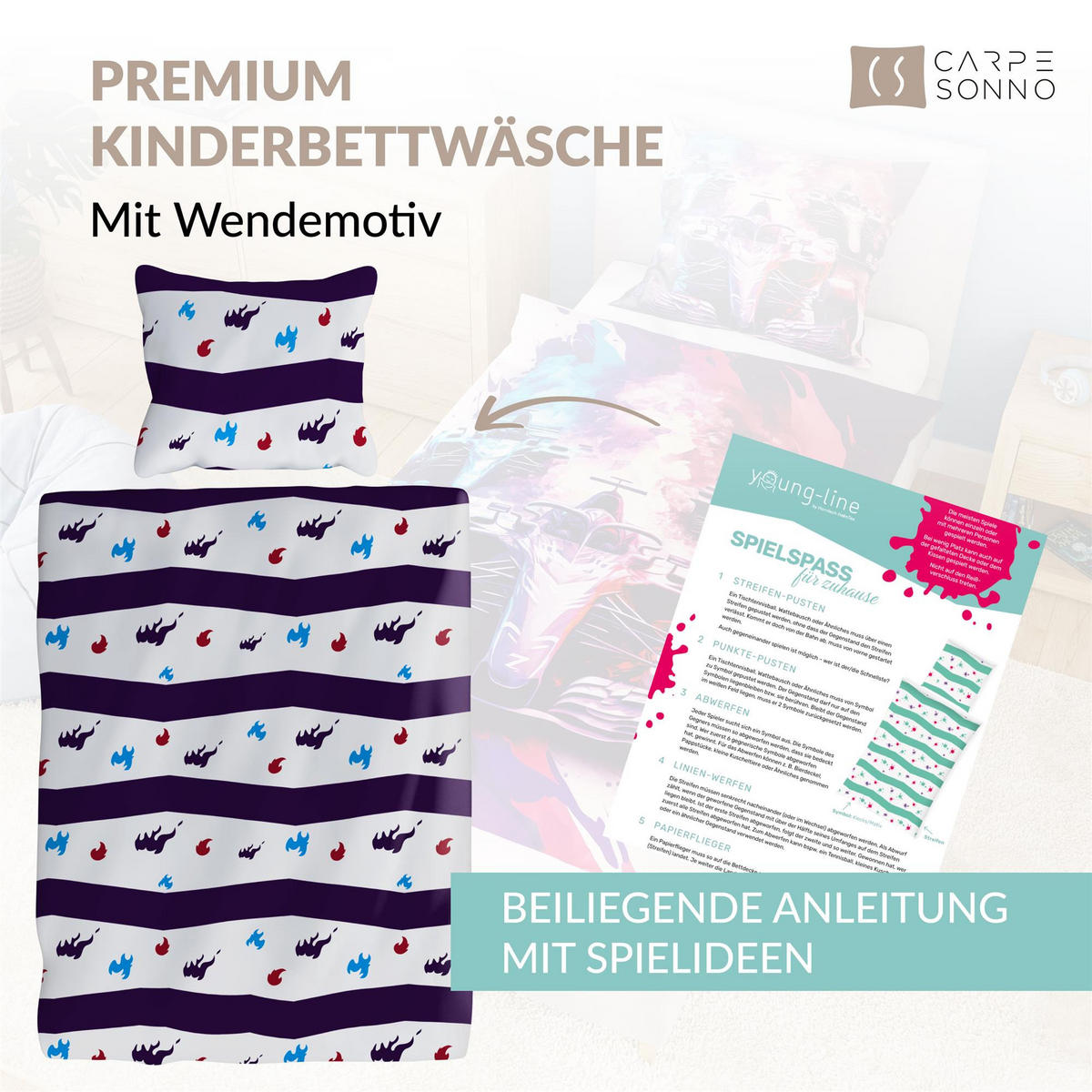 KINDERBETTWÄSCHE 135x200 cm Rennauto Autos aus 100% Baumwolle - Leuchtet um Dunkeln - Multicolor, Textil (135/200cm) - Carpe Sonno