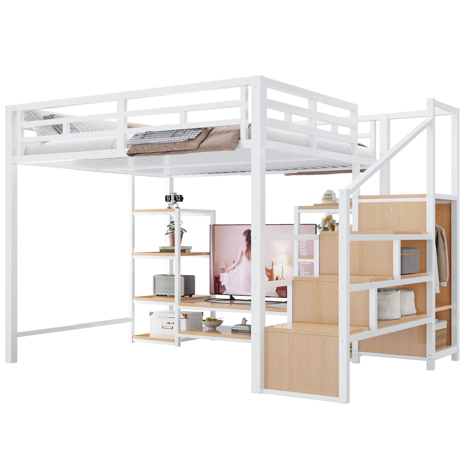 HOCHBETT 140/200 cm, Weiß mit TV-Ständer, Steckdose und Sicherheitsleiter - Weiß, Metall (140/200cm) - MIVRAY