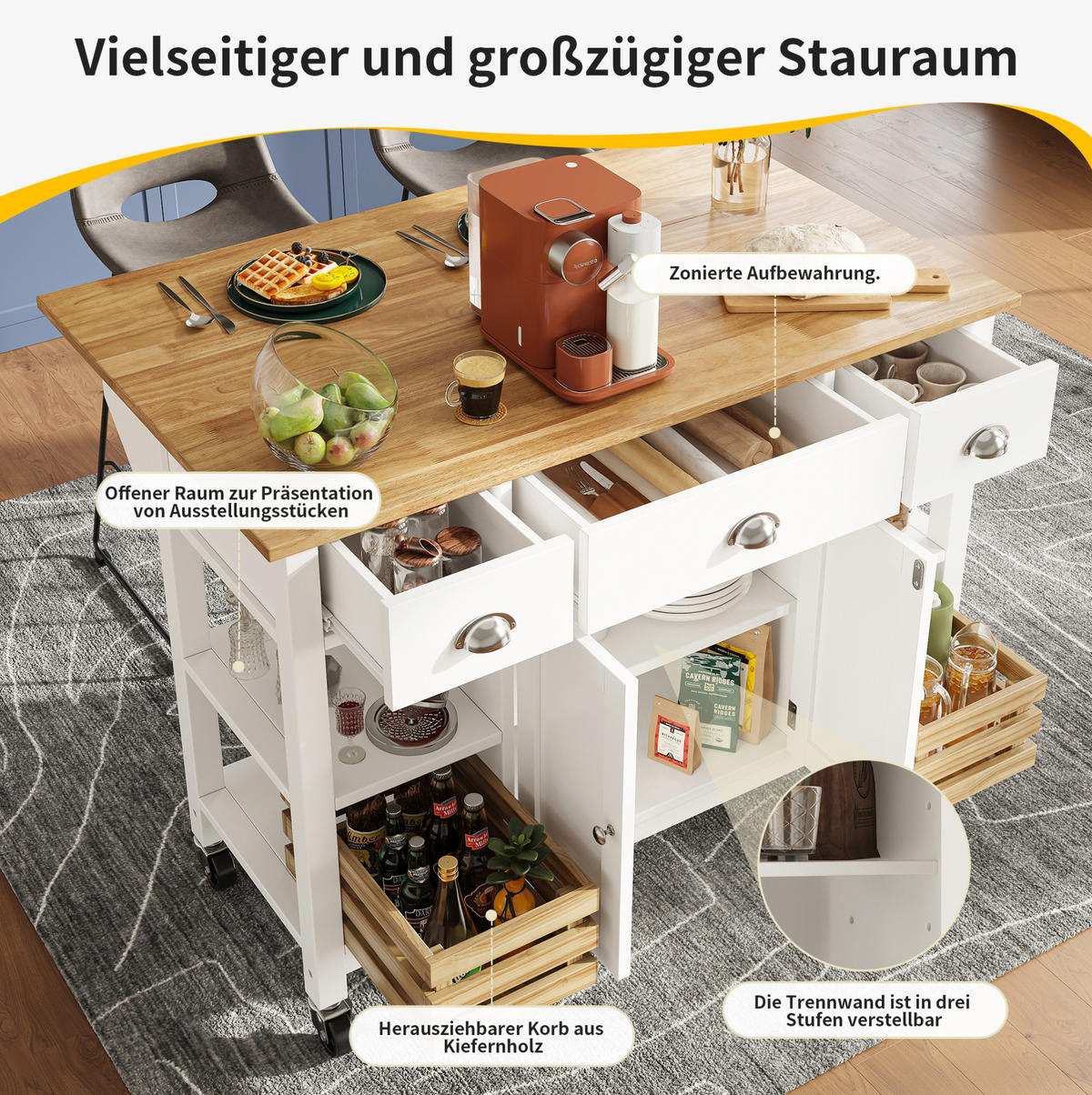 KÜCHENINSEL aus MDF 120x45x90 cm Natur/Weiß mit klappbarer Tischplatte, Rollen und Kiefernkorb - Weiß, Holzwerkstoff (120/90/45cm) - Modfu