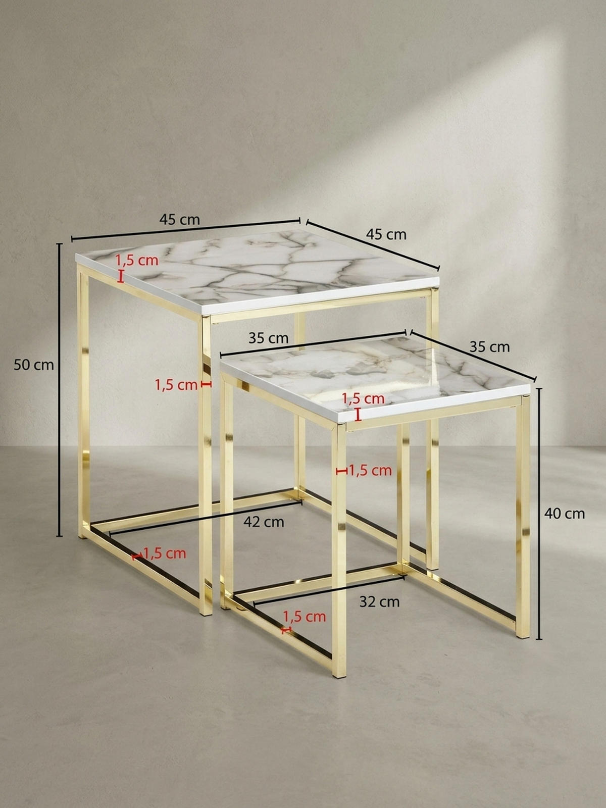 BEISTELLTISCH 2er Set Marmoroptik Metall Robust, Weiß 45x45x50 cm - Goldfarben/Weiß, Holz/Metall (45/45/50cm) - KADIMA DESIGN