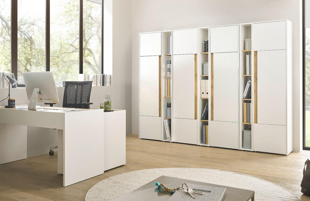AKTENSCHRANK Set 5-teilig weiß matt, Eiche Wotan 190 x 200 cm, Schrank-Regal-Kombination mit 25 Fächern - Eichefarben/Silberfarben, Holz/Holzwerkstoff (190/200/40cm) - Furn.Design