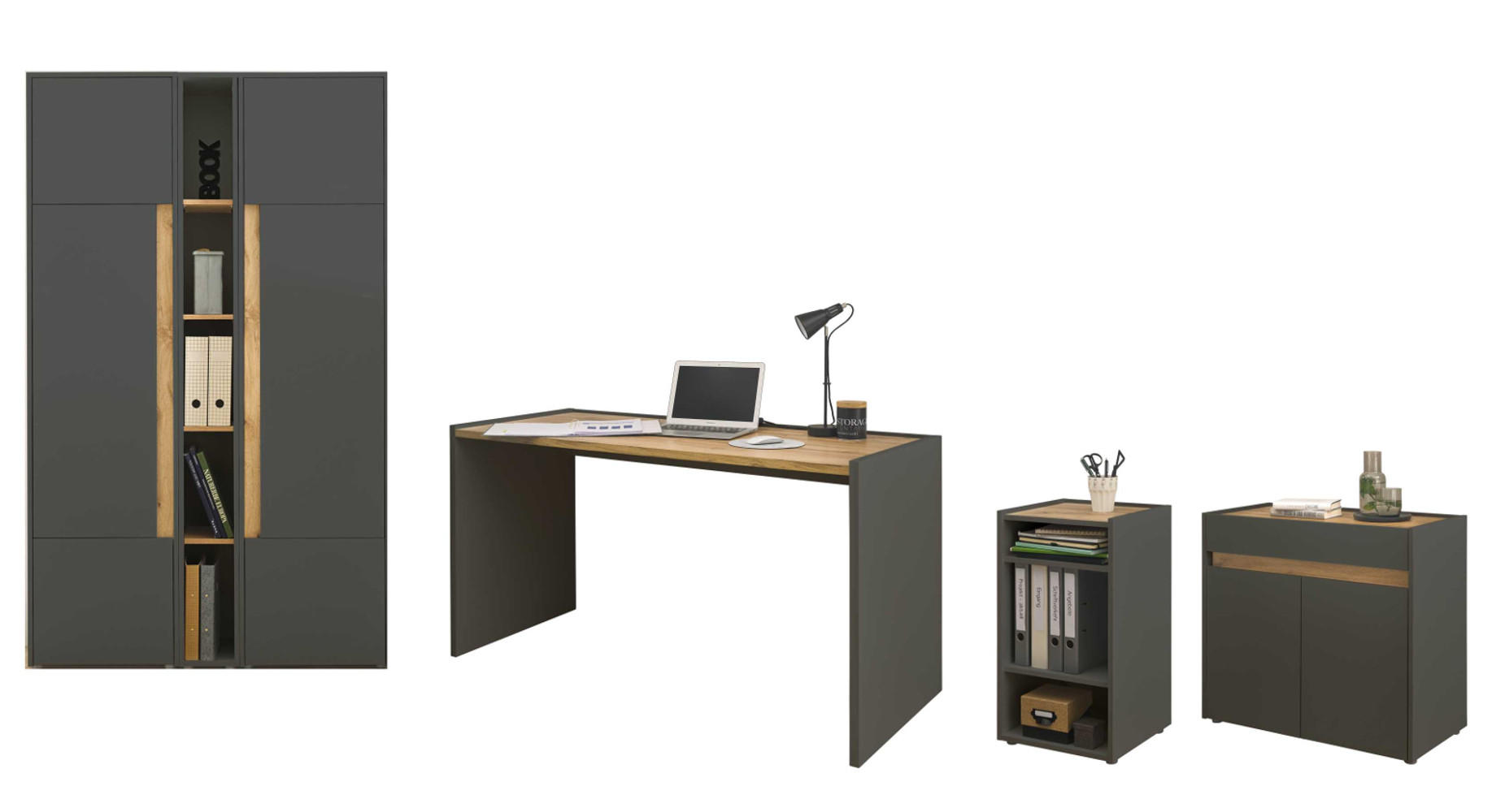 SCHREIBTISCHKOMBINATION 6-teilig grau matt, Eiche Wotan, Büromöbel Set mit viel Stauraum - Eichefarben/Schwarz, Holzwerkstoff/Kunststoff (140/263/200cm) - Furn.Design