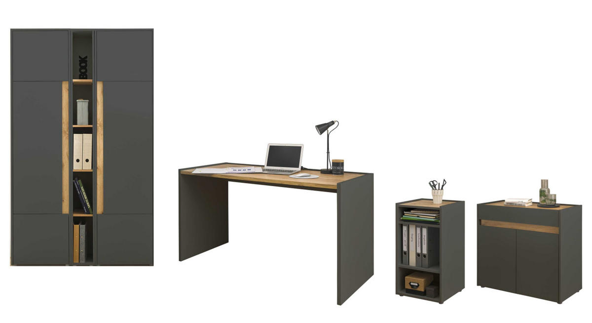 SCHREIBTISCHKOMBINATION 6-teilig grau matt, Eiche Wotan, Büromöbel Set mit viel Stauraum - Eichefarben/Schwarz, Holzwerkstoff/Kunststoff (140/263/200cm) - Furn.Design