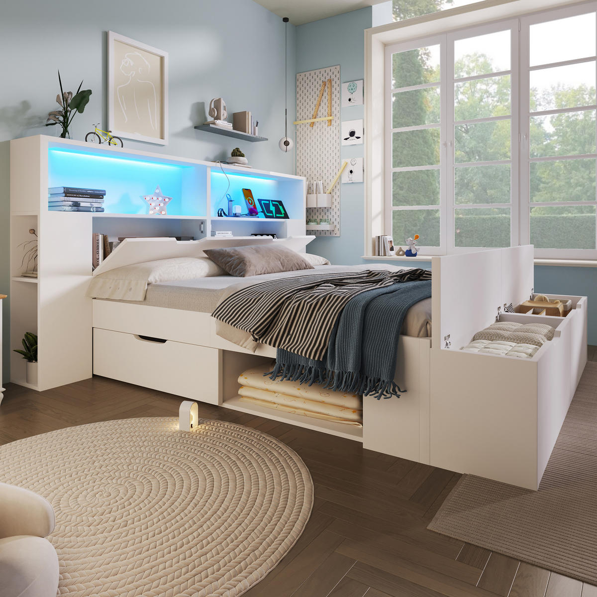 HOLZBETT 140/200 cm mit LED-Beleuchtung, USB-C/USB-Anschlüssen, Stauraum, Bettbank und Schubladen, Weiß - Weiß, Holzwerkstoff (140/200cm) - Redom