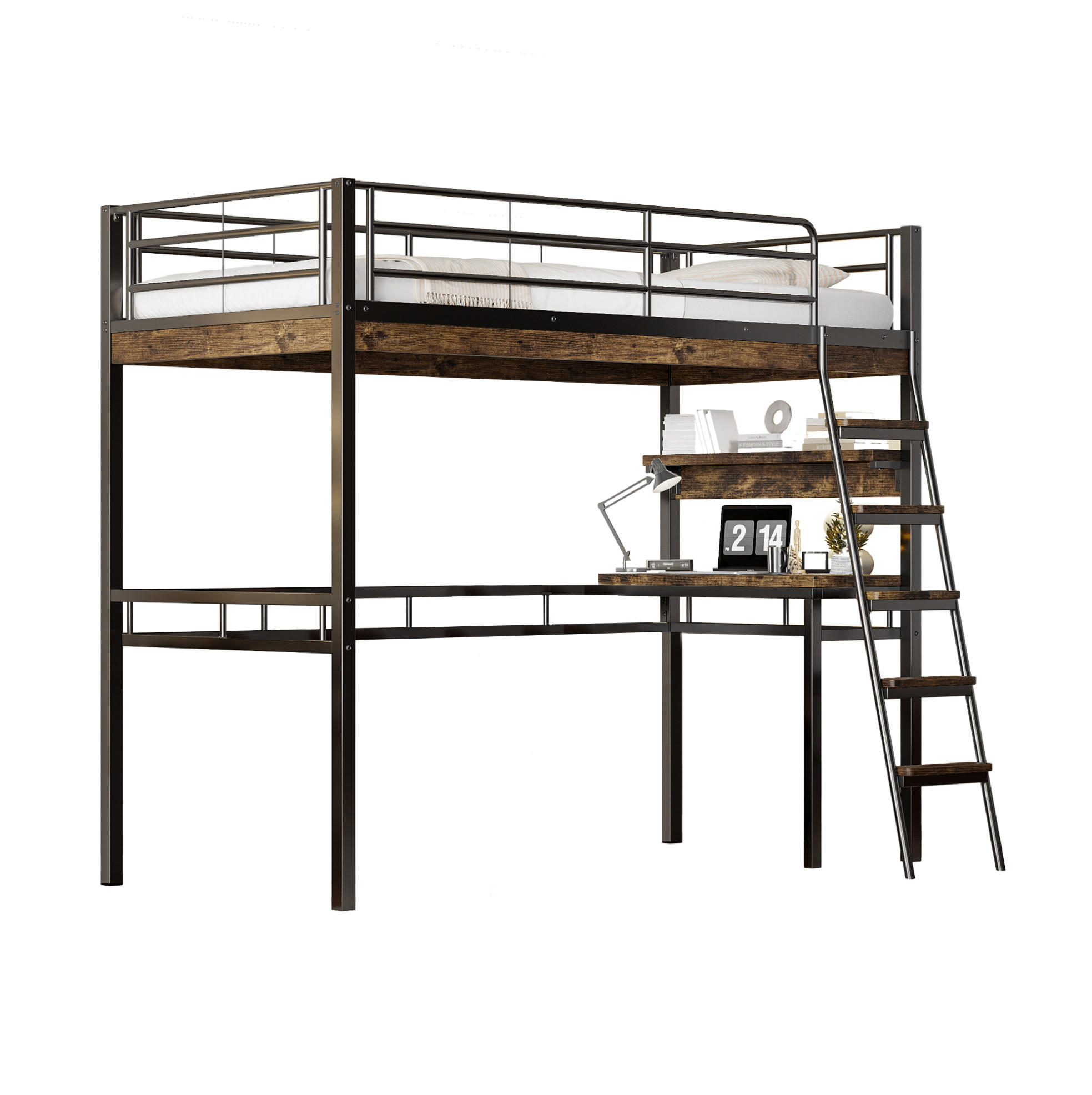 HOCHBETT 90/200 cm Schwarz aus Metall mit Schreibtisch und Regalen - Schwarz, Metall (90/200cm) - OKMYHOME