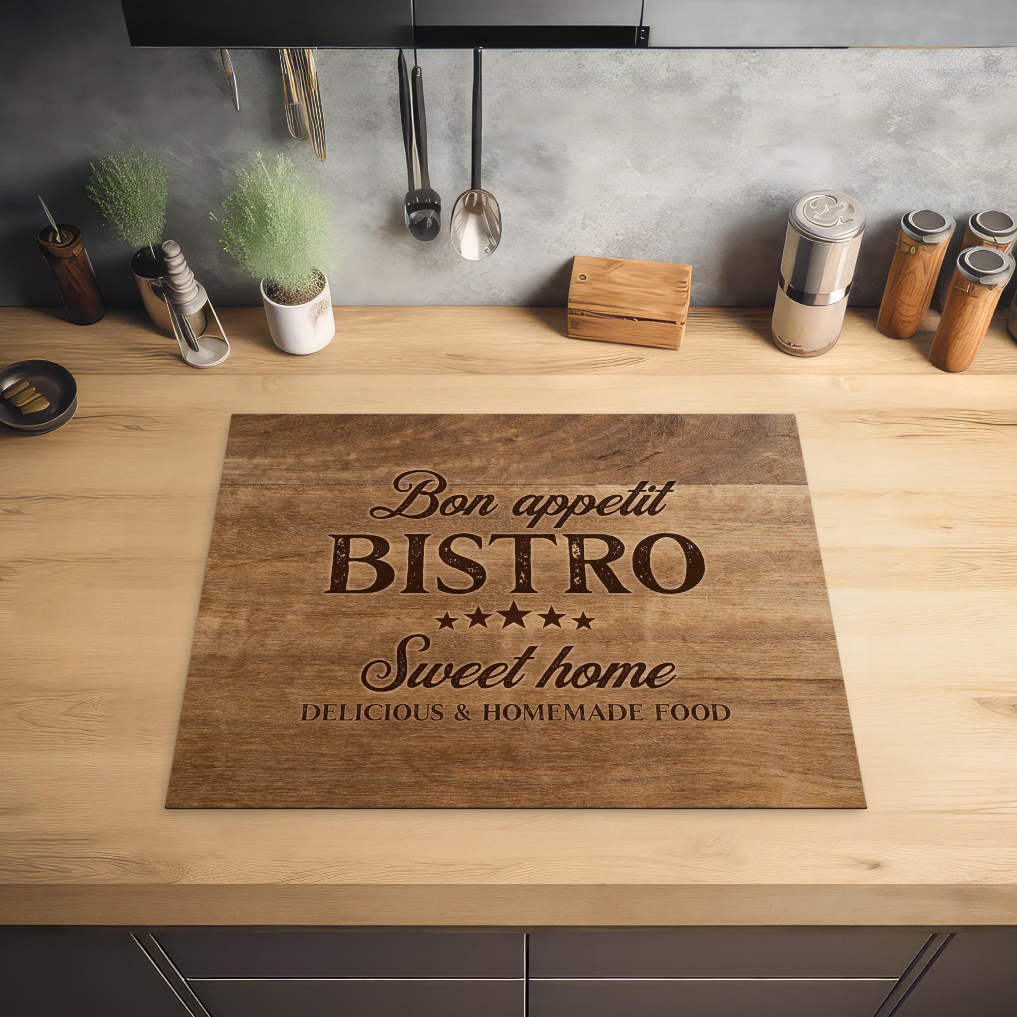 HERDABDECKPLATTE Zitat - Bistro - Guten Appetit - Süßes Zuhause - Holzmaserung 65x52 cm - Braun, Kunststoff (65/0.2/52cm) - MuchoWow