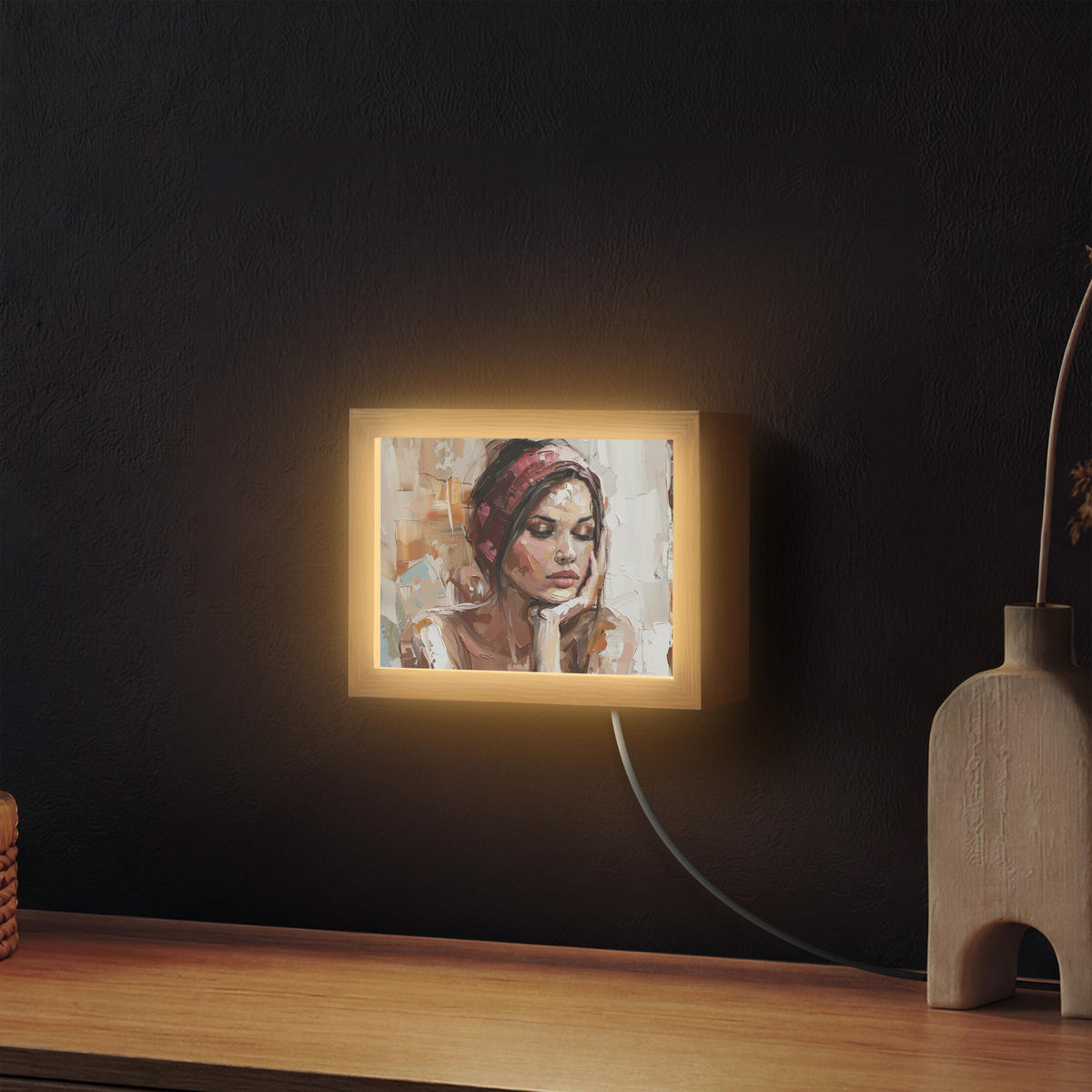 NÁSTĚNNÁ LAMPA Žena - vzhled malby - portrét - moderní 20x15 cm - hnědá, kompozitní dřevo (20/15/8cm) - OnlyWow