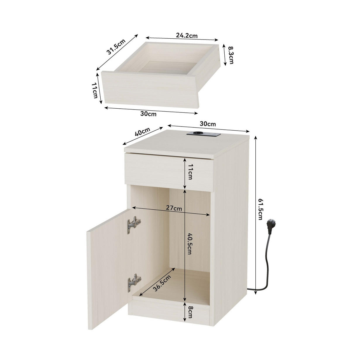 NACHTTISCH 33/61,5/40 cm Weiß aus MDF mit Ladestation - Weiß, Holzwerkstoff (33/61.5/40cm) - OKMYHOME