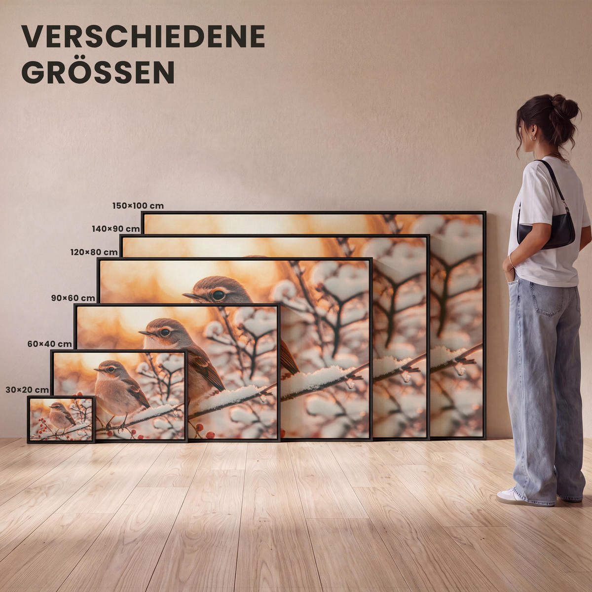 LEINWAND Bilder mit Rahmen - Vogel - Zweig - Winter - Tiere - Schnee - 60x40 - Bernsteinfarben, Textil (60/40cm) - MuchoWow