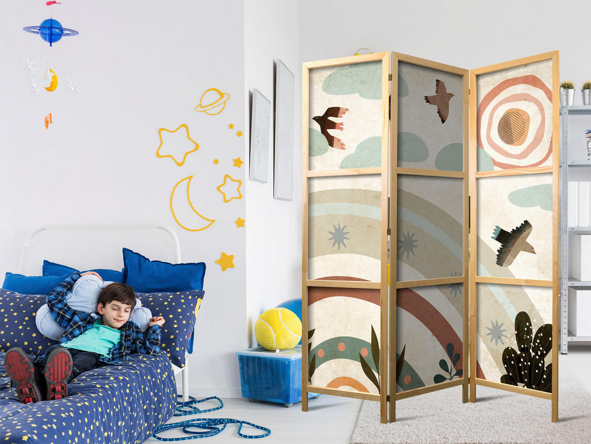 PARAVENT Japanischer 3-tlg 135x172 cm Regenbogen V gel - Multicolor, Holz/Textil (135/172/3cm) - Muralo