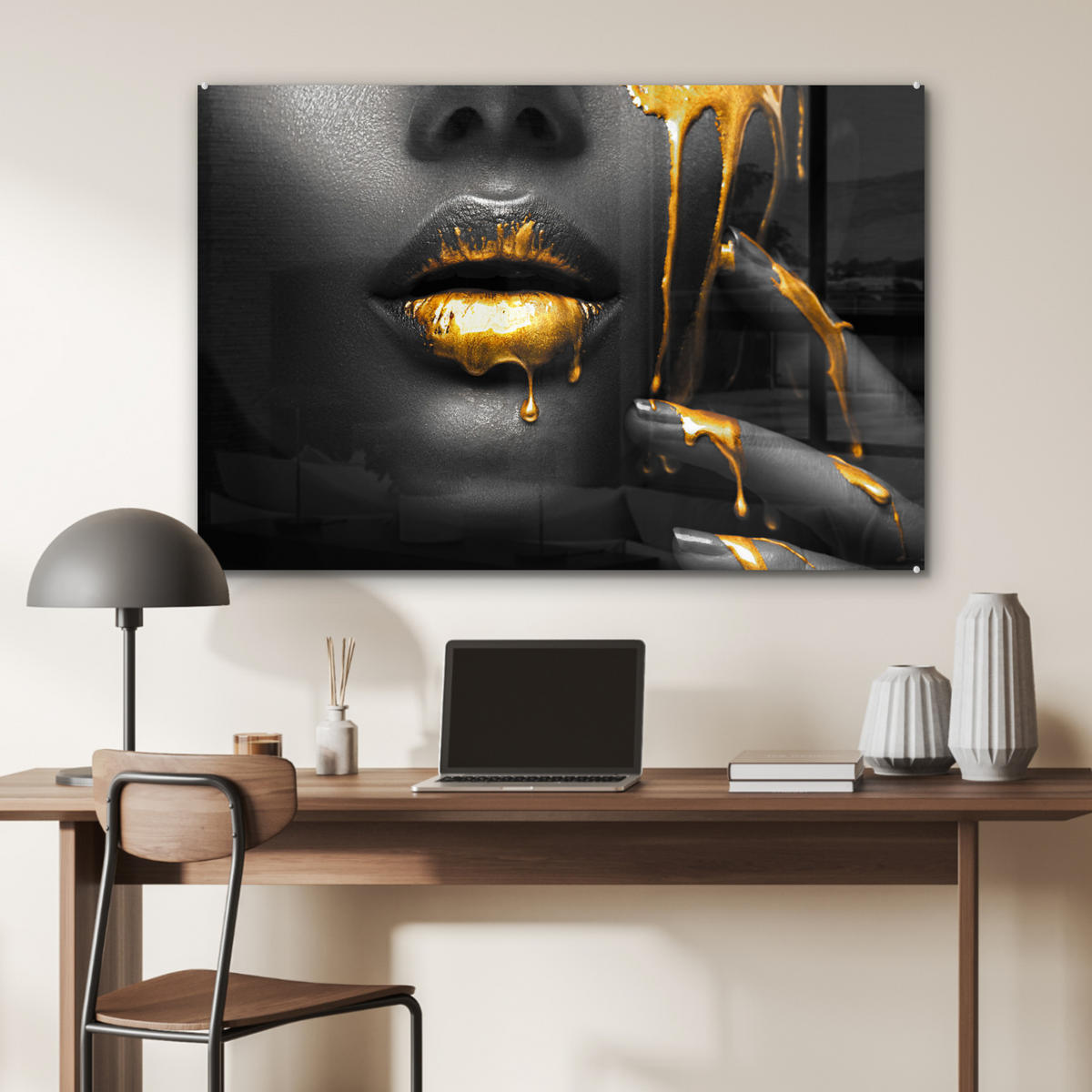 ACRYLGLASBILD Frau - Schwarz - Gold - Gesicht - Lippen 90x60 cm - Goldfarben, Glas (90/60cm) - MuchoWow