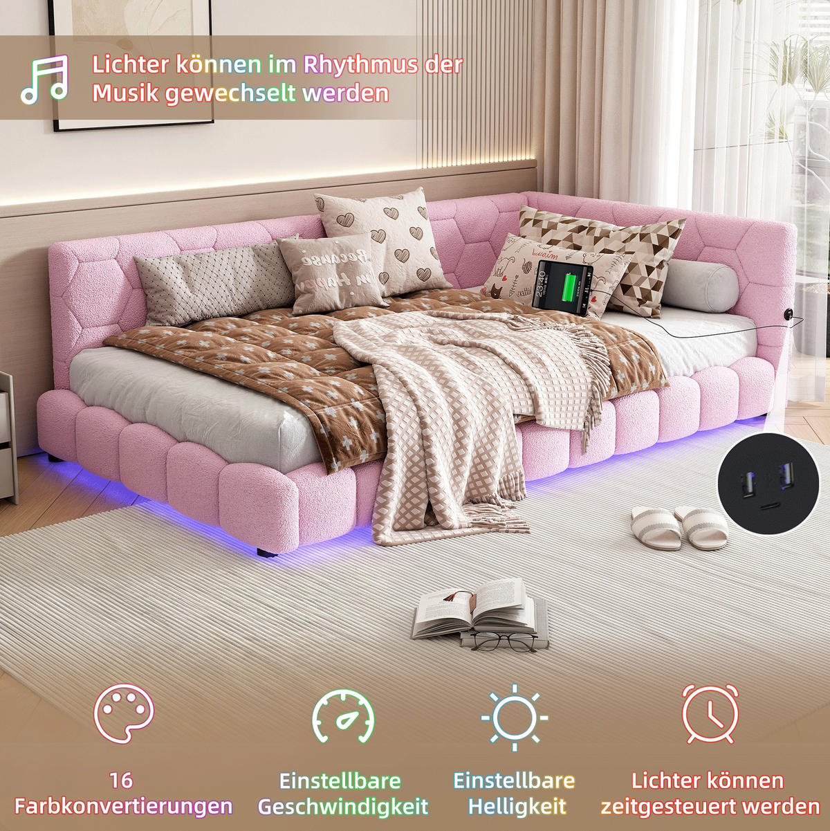 BETT 90/200 cm Rosa aus Vliesimitat und MDF mit LED-Beleuchtung - Rosa, Textil (90/200cm) - OKMYHOME