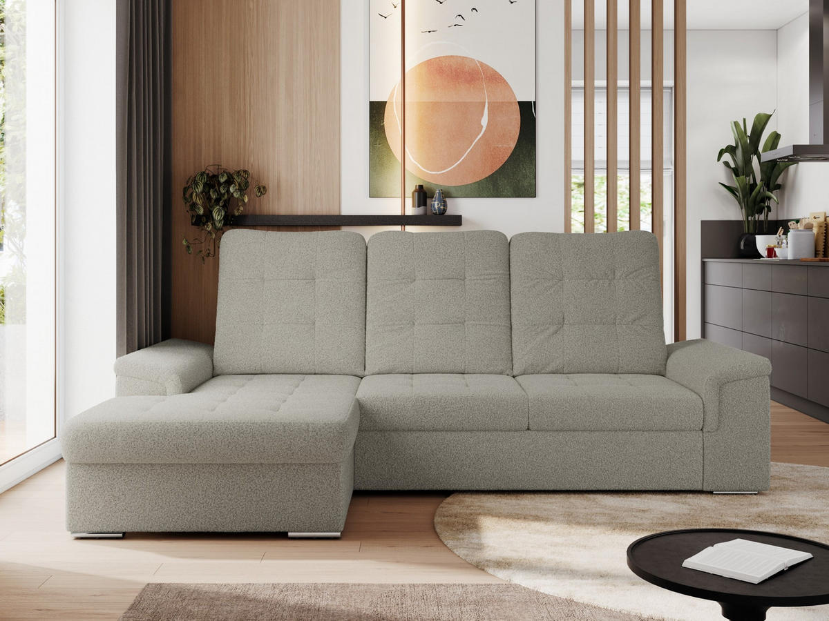ECKSOFA MADRITO L - Hellgrau Boucle - Links - Silberfarben/Hellgrau, Textil/Metall (160/256cm)