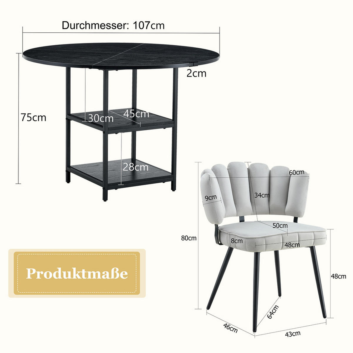 TISCHGRUPPE 3-tlg Runder Esstisch 107 cm & 2 Stoffstühle - Grau, Holzwerkstoff/Metall (62.5/49/70cm) - Raelunyi